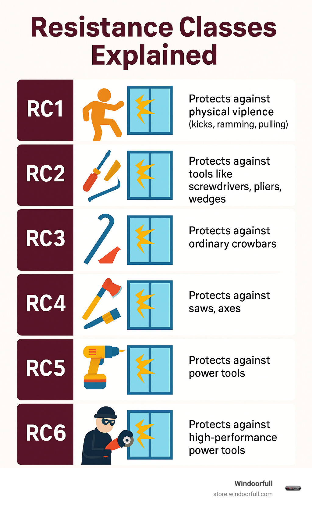 Table explaining what each Resistance Class (RC1-RC6) protects against - Secure home windows infographic 