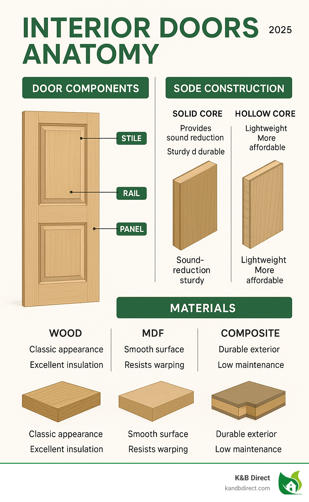 Comprehensive interior door anatomy showing door stiles, rails, panels, solid core vs hollow core construction, and different materials like wood, MDF, and composite with their key characteristics and benefits - interior doors infographic Comprehensive interior door anatomy showing door stiles, rails, panels, solid core vs hollow core construction, and different materials like wood, MDF, and composite with their key characteristics and benefits - interior doors infographic