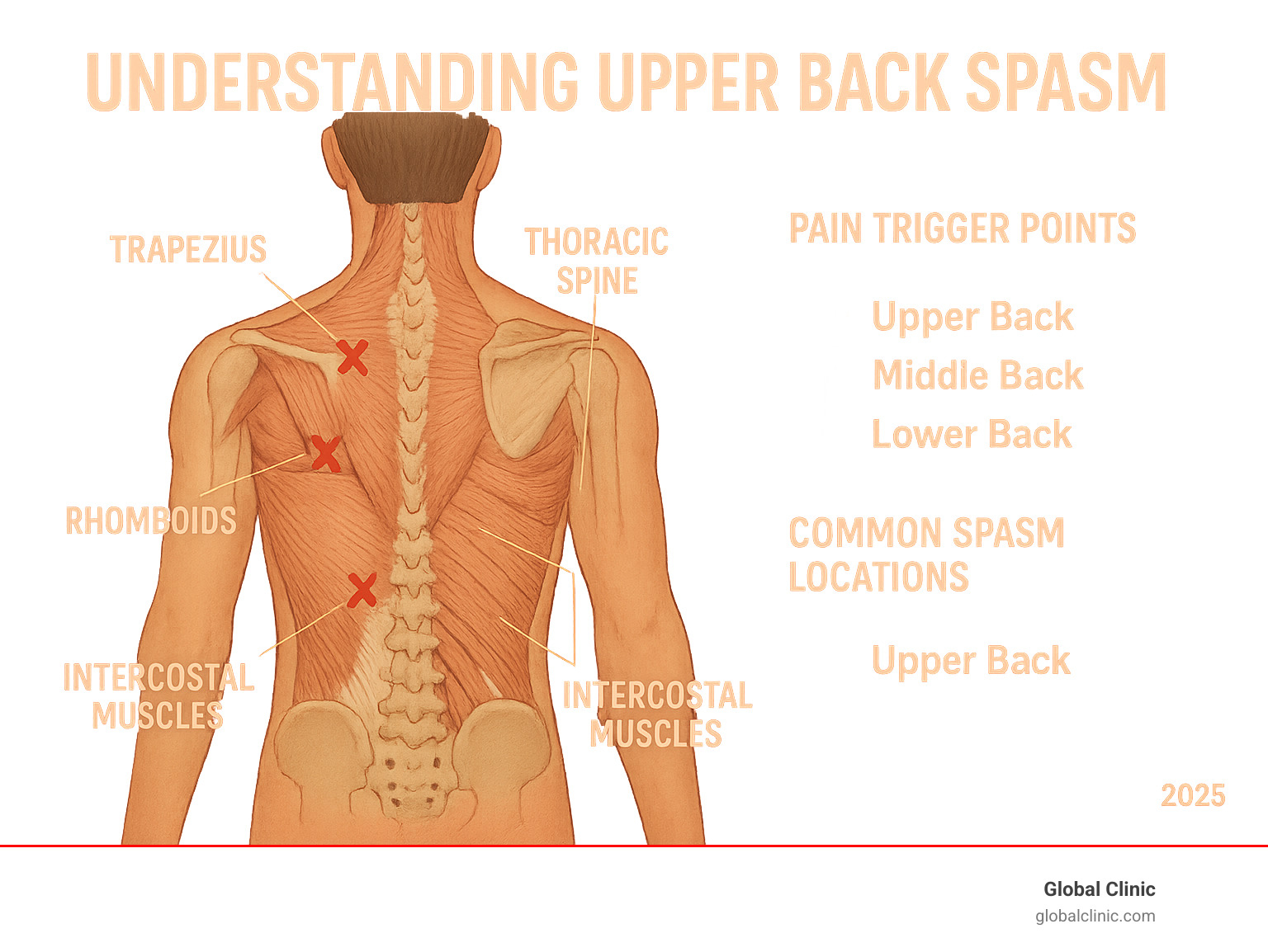 Detailed anatomical infographic showing the thoracic spine, upper back muscles including trapezius, rhomboids, and intercostal muscles, with labeled pain trigger points and common spasm locations in the upper, middle, and lower back regions - upper back spasm infographic 