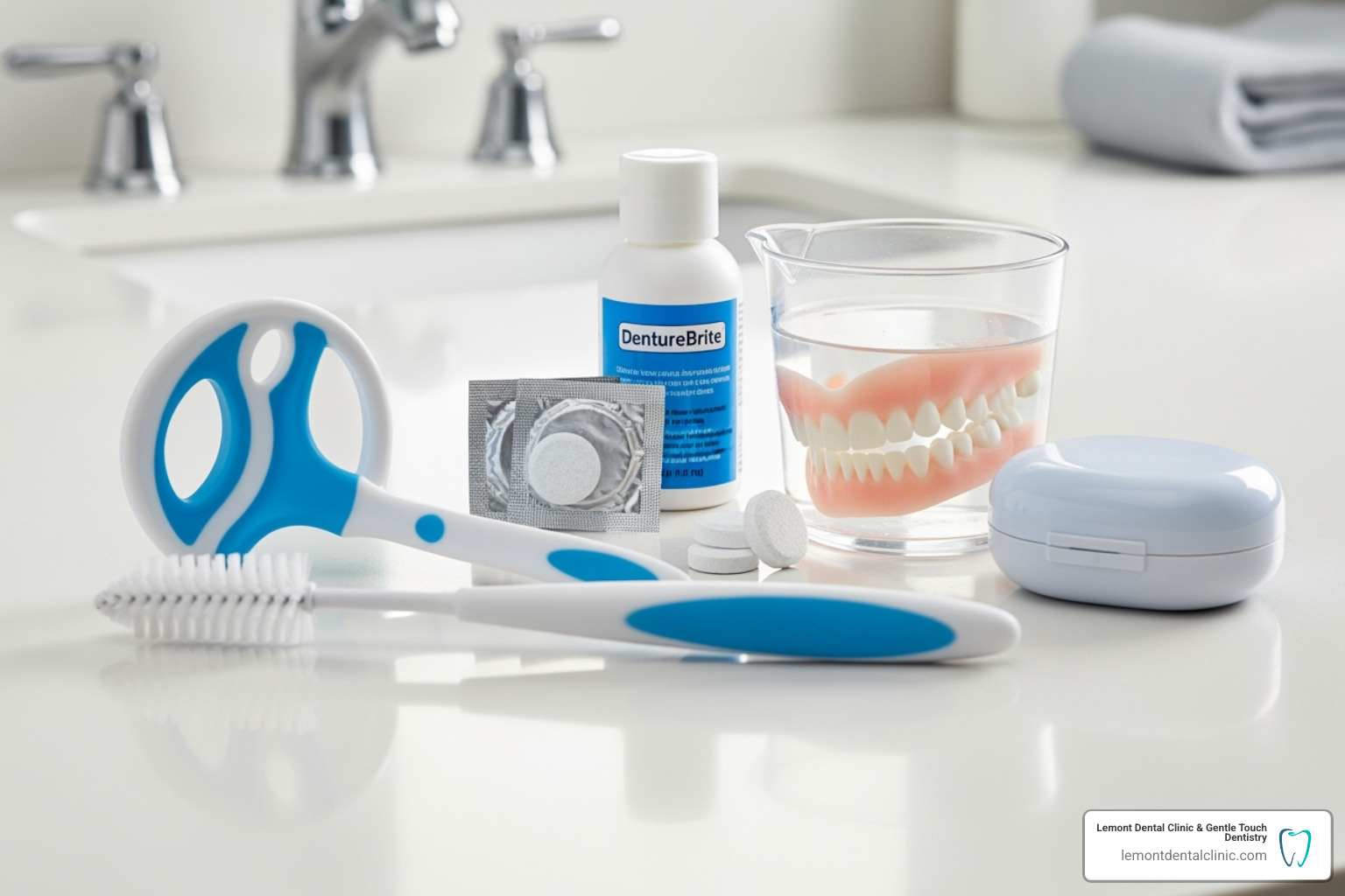 Image of proper denture cleaning supplies - Natural looking dentures