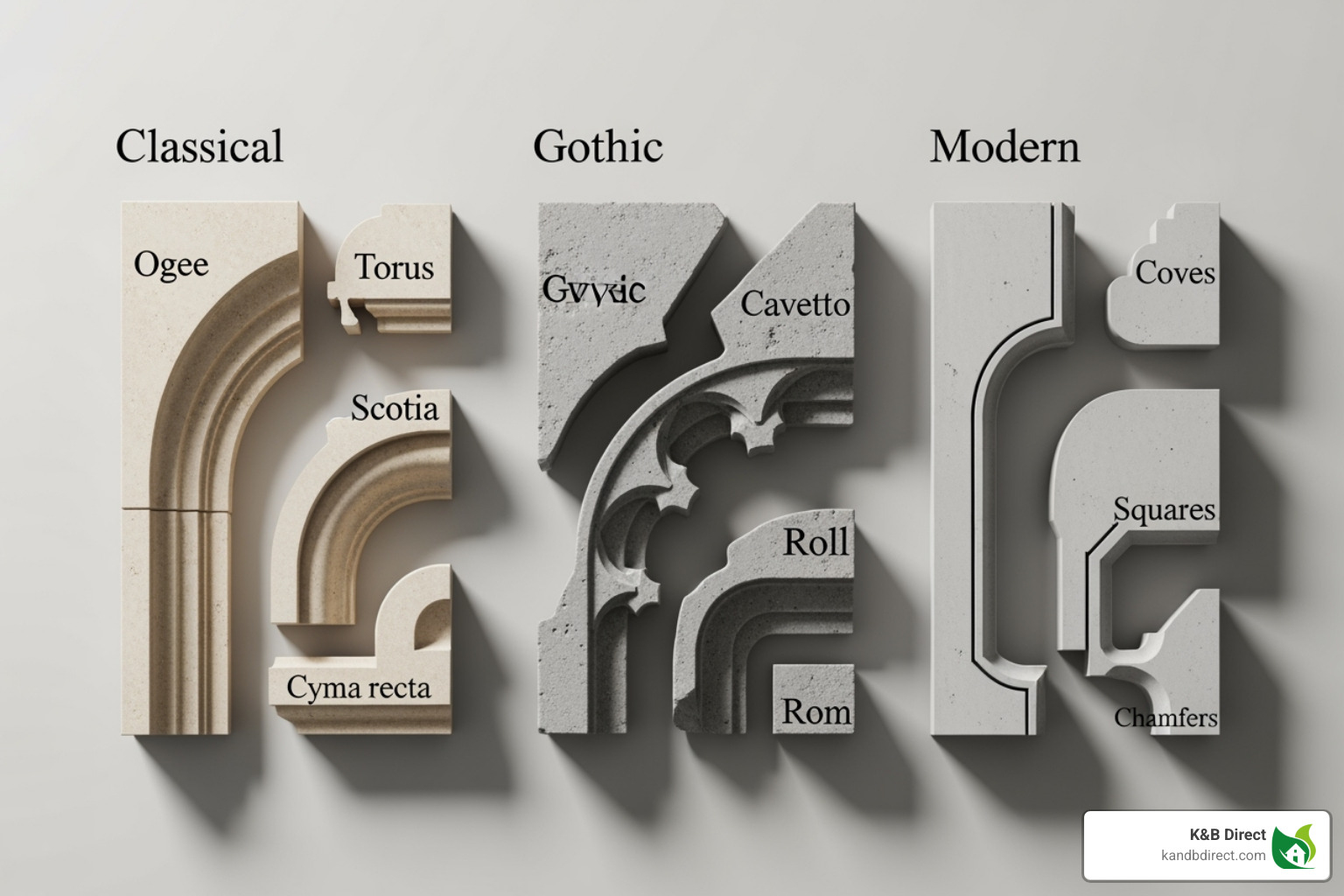Visual timeline showing molding profiles from Classical, Gothic, and Modern periods - molding