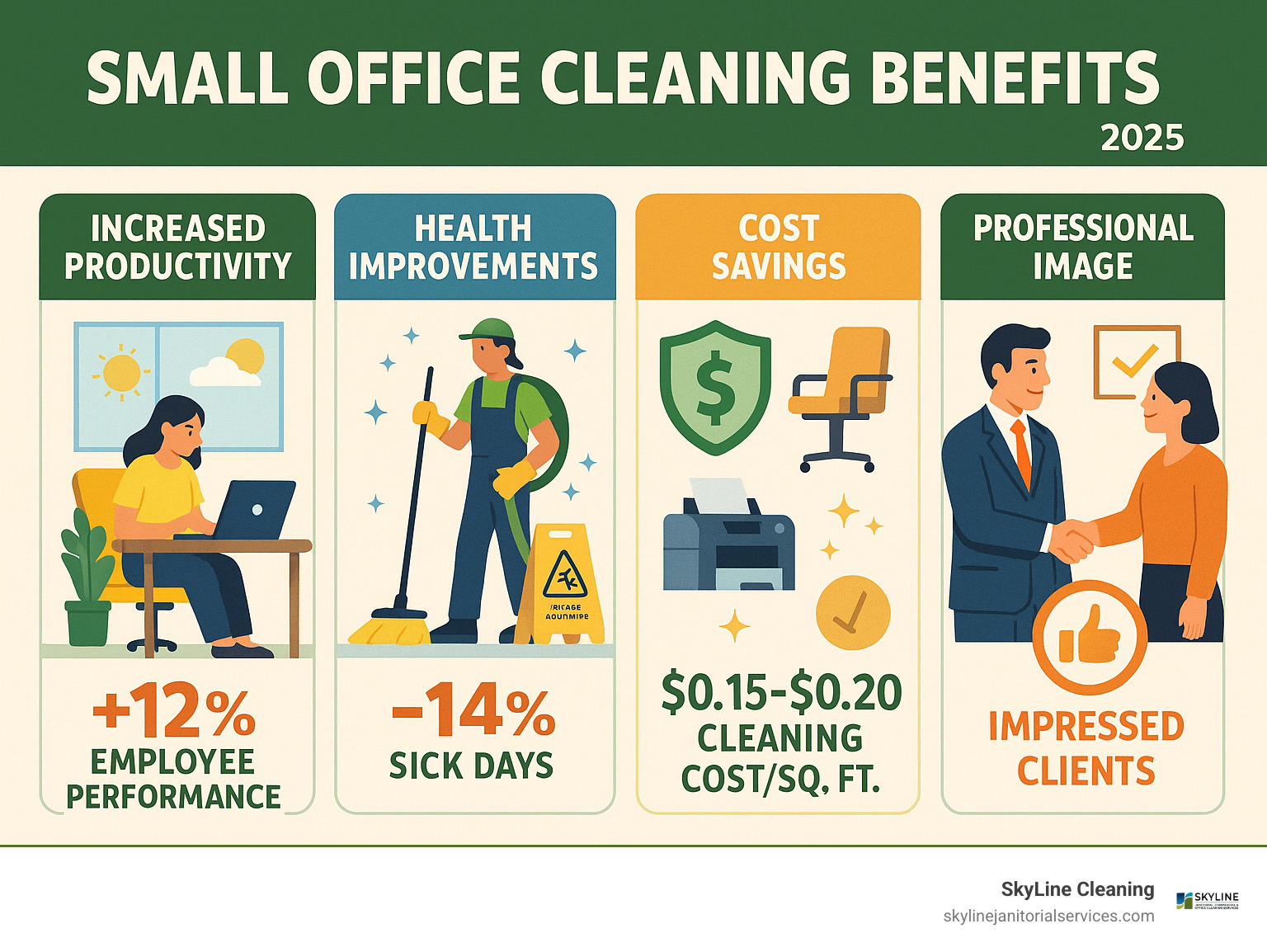 Detailed breakdown of small office cleaning benefits including productivity gains, health improvements, cost savings, and professional image improvement with specific statistics on employee performance and client perception - small office cleaning infographic 
