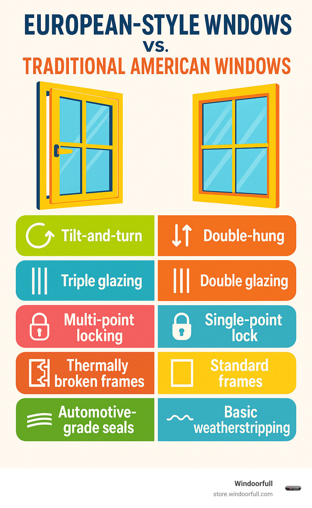 Infographic showing the core differences between European-style windows and traditional American windows, including tilt-and-turn vs double-hung operation, triple glazing vs double glazing, multi-point locking vs single-point locks, thermally broken frames vs standard frames, and automotive-grade seals vs basic weatherstripping - euro style windows infographic 