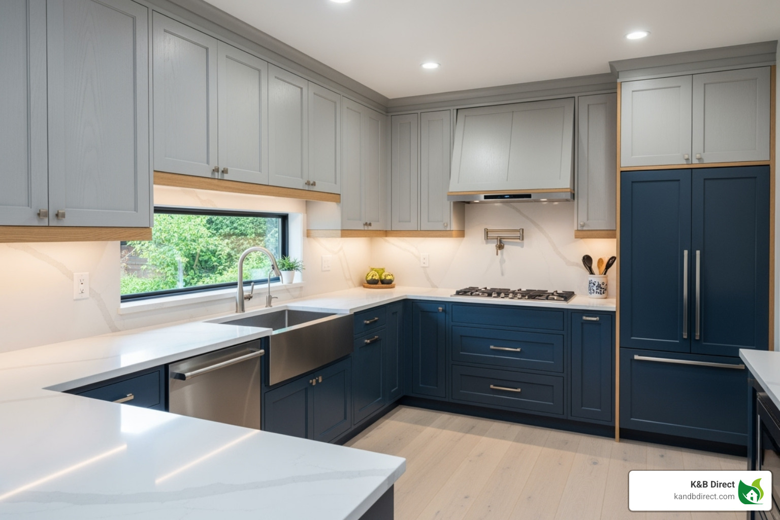 A two-tone kitchen featuring contrasting trim colors on the upper and lower cabinets, showcasing a modern design trend - cabinet casing A two-tone kitchen featuring contrasting trim colors on the upper and lower cabinets, showcasing a modern design trend - cabinet casing