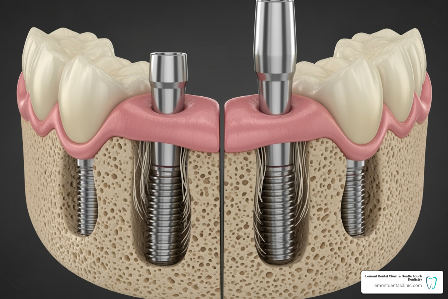 model showing dental implants in the jawbone with abutments visible - snap on dentures model showing dental implants in the jawbone with abutments visible - snap on dentures