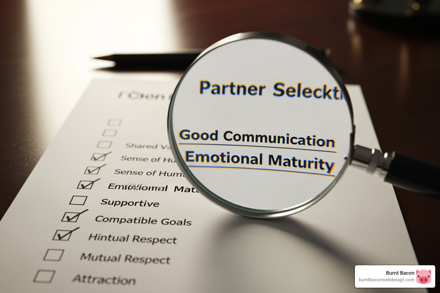Magnifying glass over a checklist of partner selection criteria - private label seo