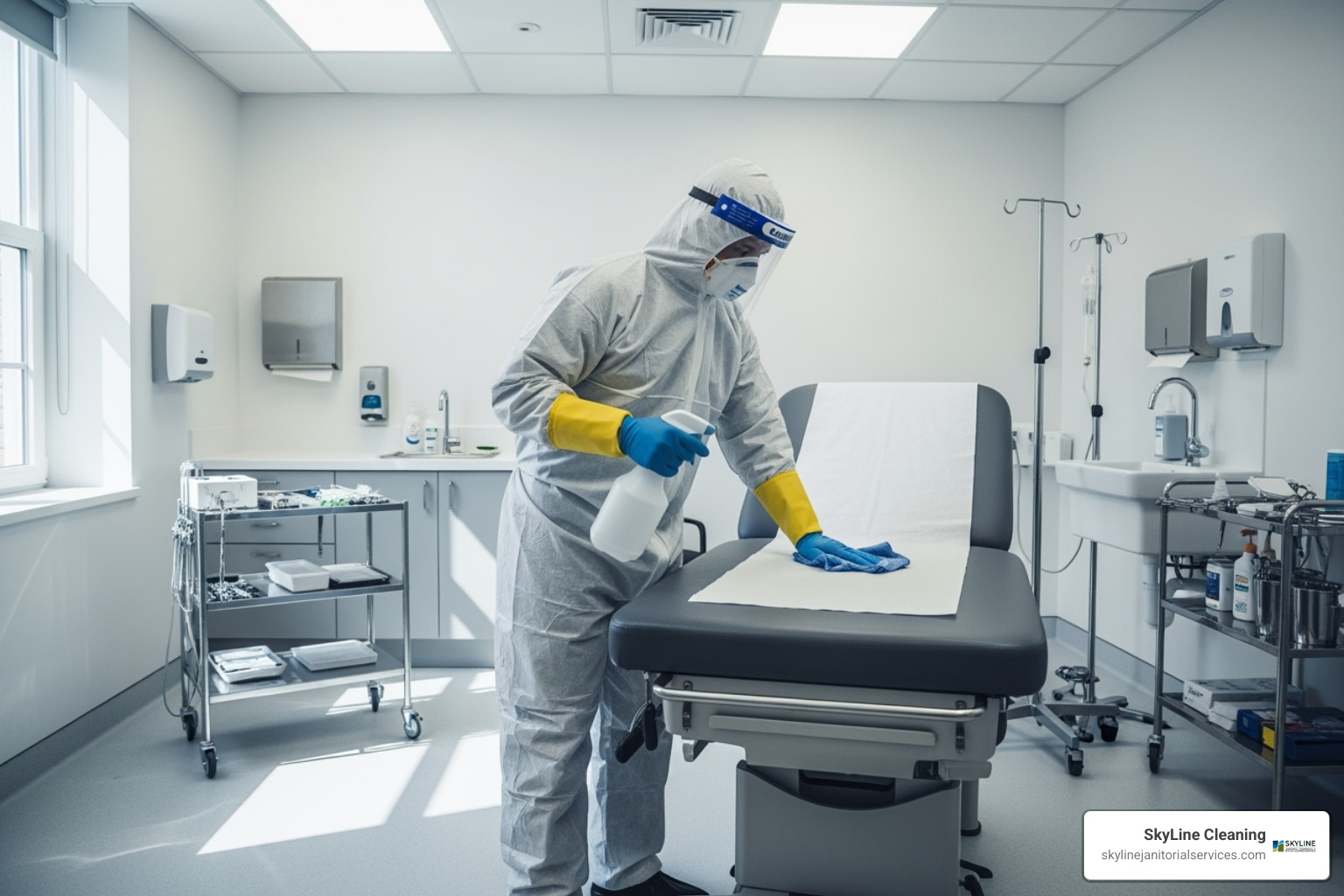 A cleaning professional in full PPE disinfecting an exam room - commercial medical cleaning services A cleaning professional in full PPE disinfecting an exam room - commercial medical cleaning services