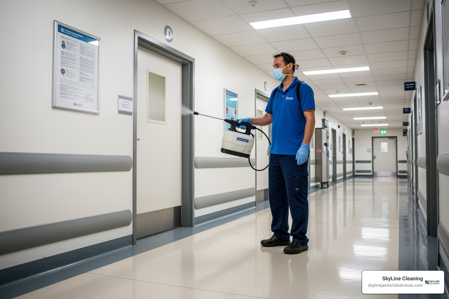 A cleaning technician using an electrostatic sprayer in a hospital hallway - commercial medical cleaning services A cleaning technician using an electrostatic sprayer in a hospital hallway - commercial medical cleaning services