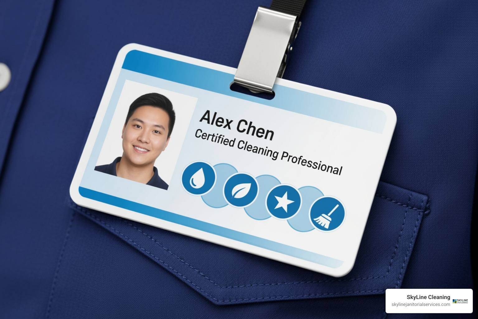 A certified cleaning professional's ID badge showing training credentials - commercial medical cleaning services A certified cleaning professional's ID badge showing training credentials - commercial medical cleaning services