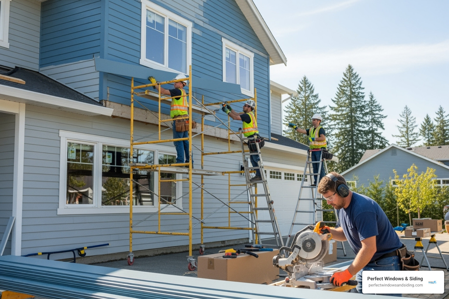 professional crew installing new siding on a residential home - exterior siding solutions
