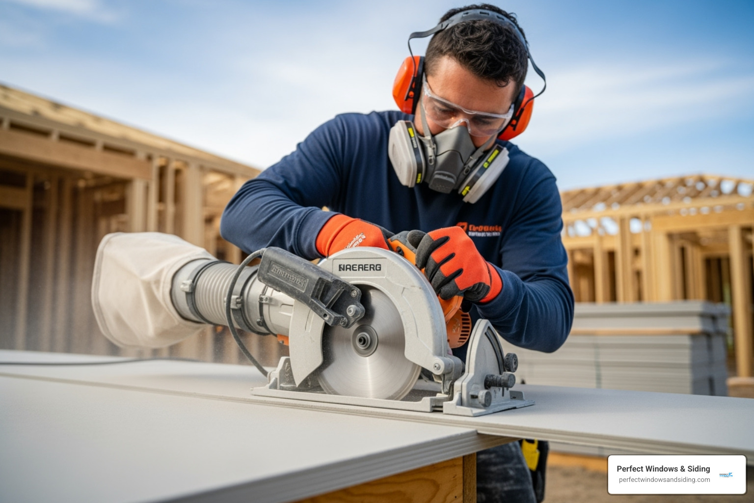 worker safely cutting a Hardie panel outdoors with a dust-collecting saw - 4x8 hardie panel installation