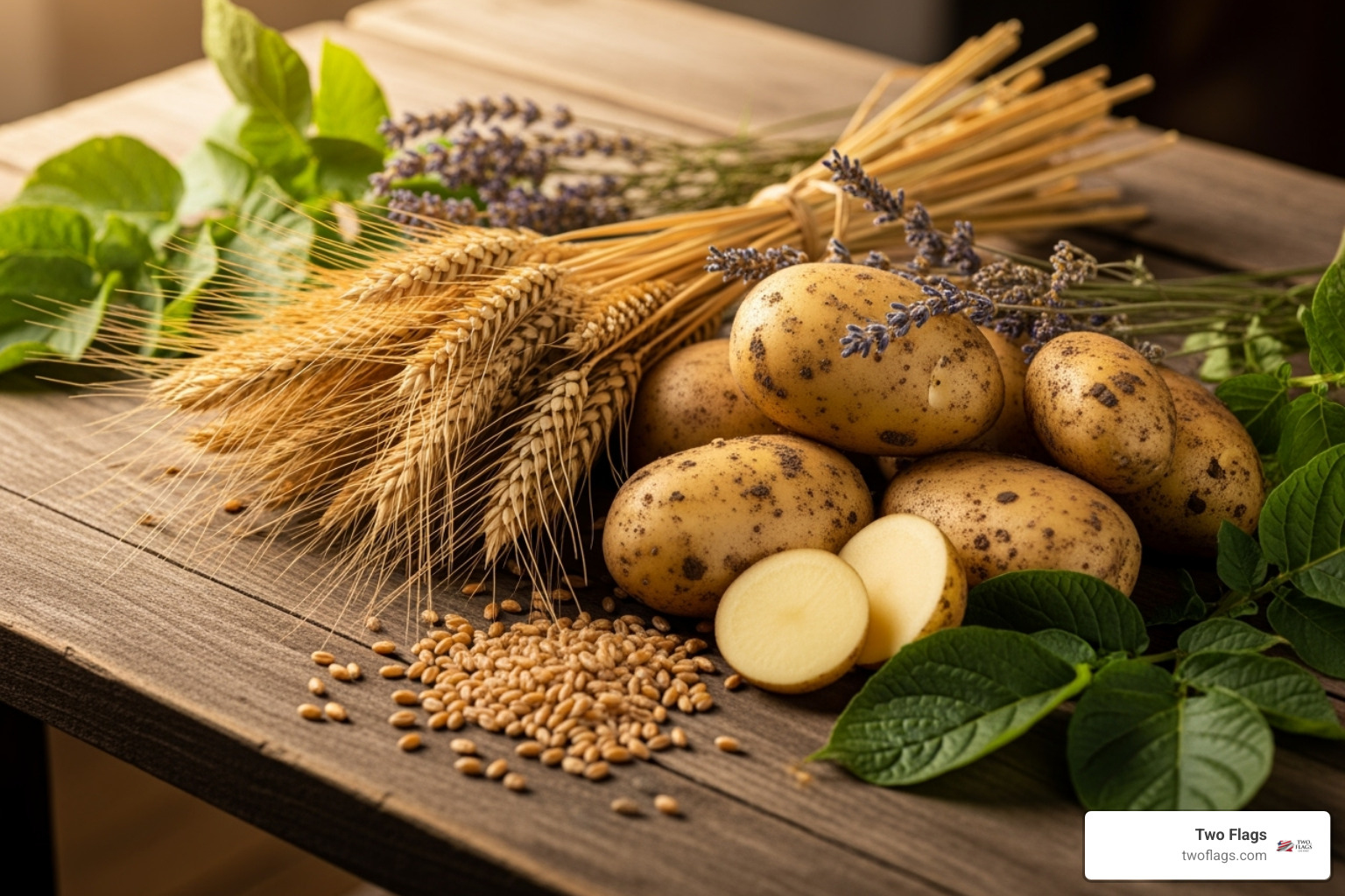 organic wheat grains and potatoes in a rustic setting - How is vodka made?