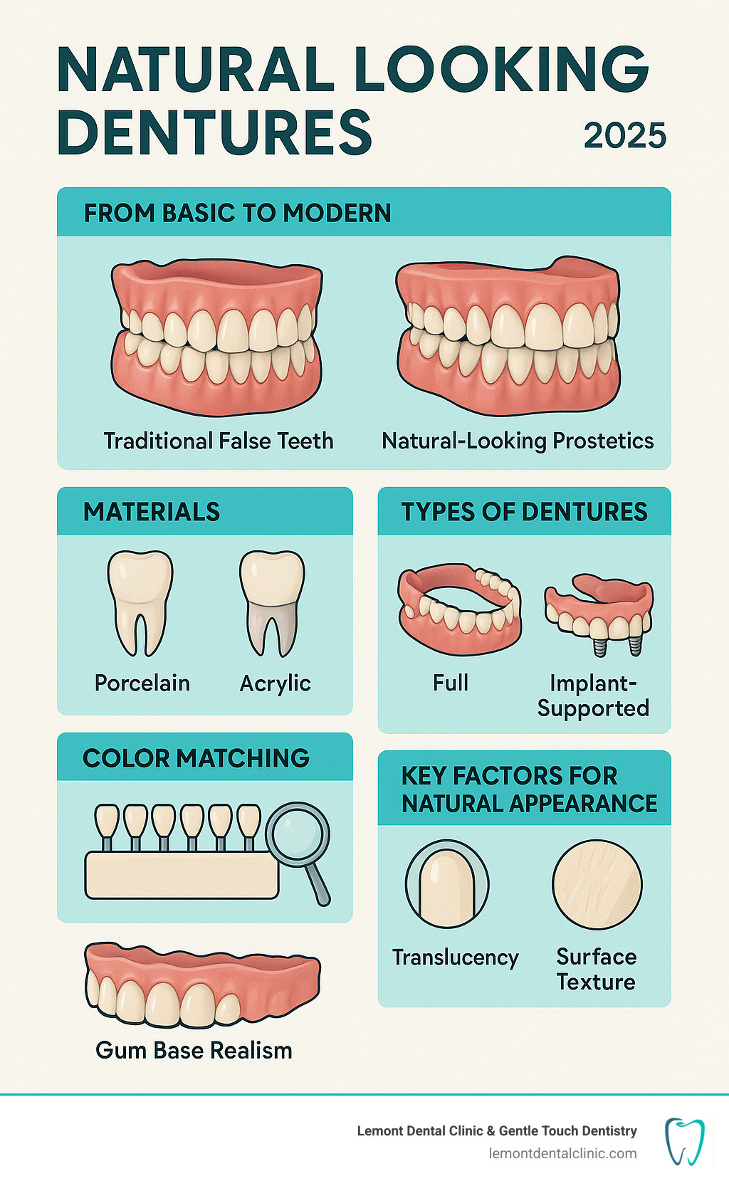 Comprehensive comparison infographic showing the evolution of dentures from basic traditional false teeth to modern natural-looking prosthetics, including cross-sections of different materials (porcelain vs acrylic), various fitting options (full, partial, implant-supported), color matching processes, and the key factors that contribute to a natural appearance such as translucency, surface texture, and gum base realism - Natural looking dentures infographic 