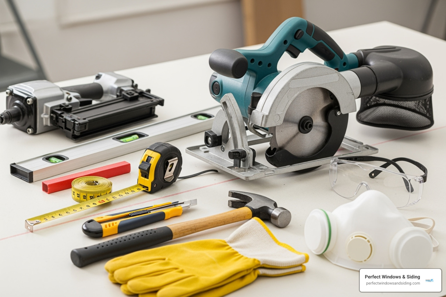 all necessary tools and safety gear laid out for a Hardie panel installation - 4x8 hardie panel installation