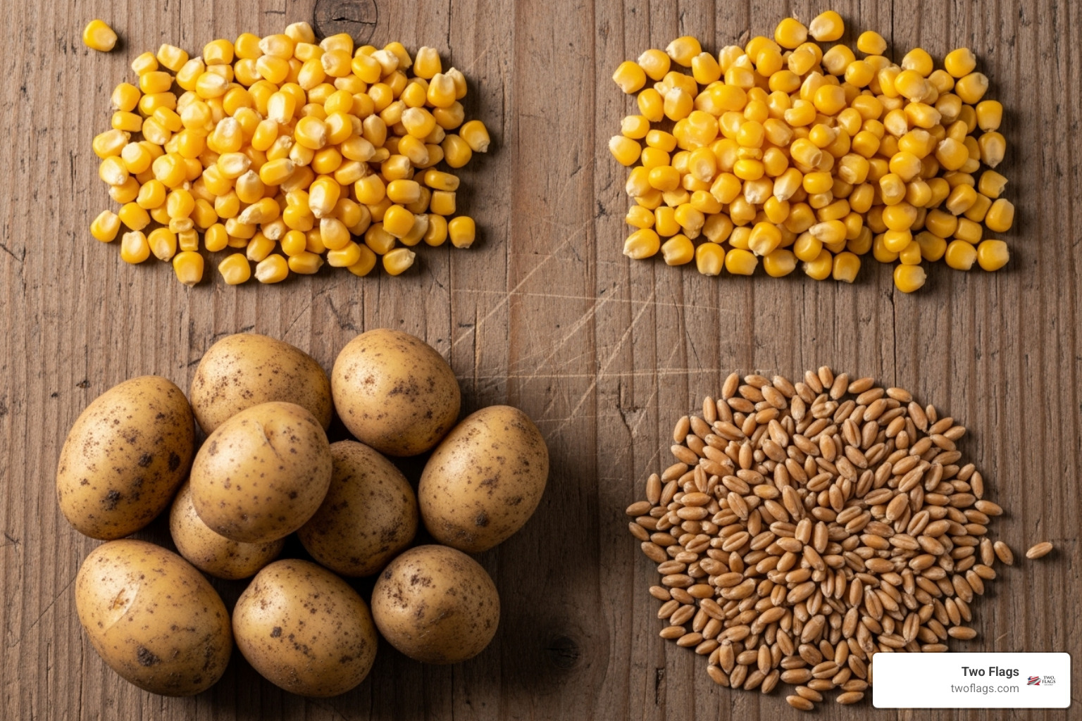 Image of various vodka base ingredients like potatoes, corn, and wheat arranged neatly - vodka gluten free