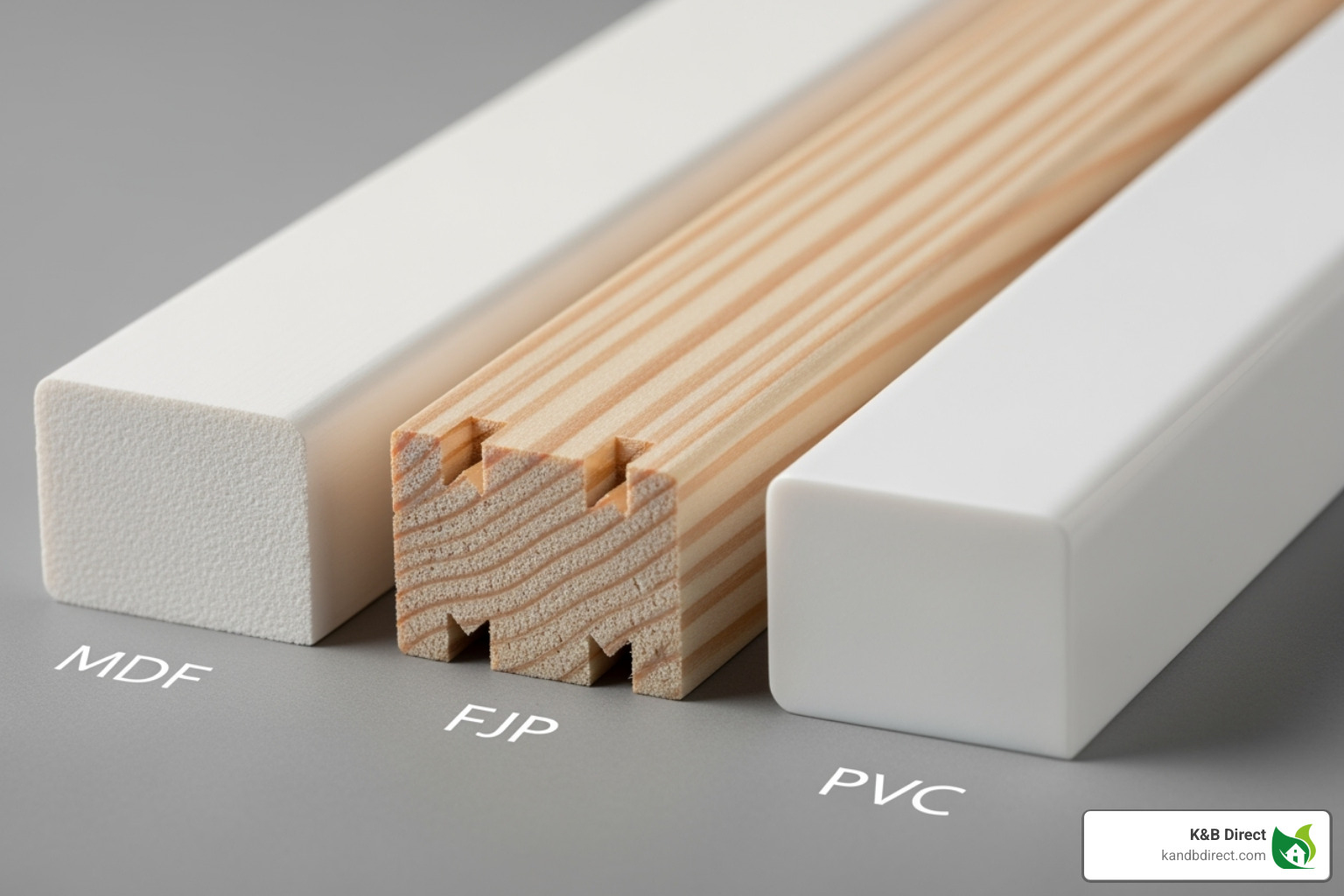 A display of different base cap material samples, including smooth MDF, paint-ready finger-jointed pine (FJP), and durable PVC, highlighting their distinct textures and potential finishes. - base cap moulding profiles