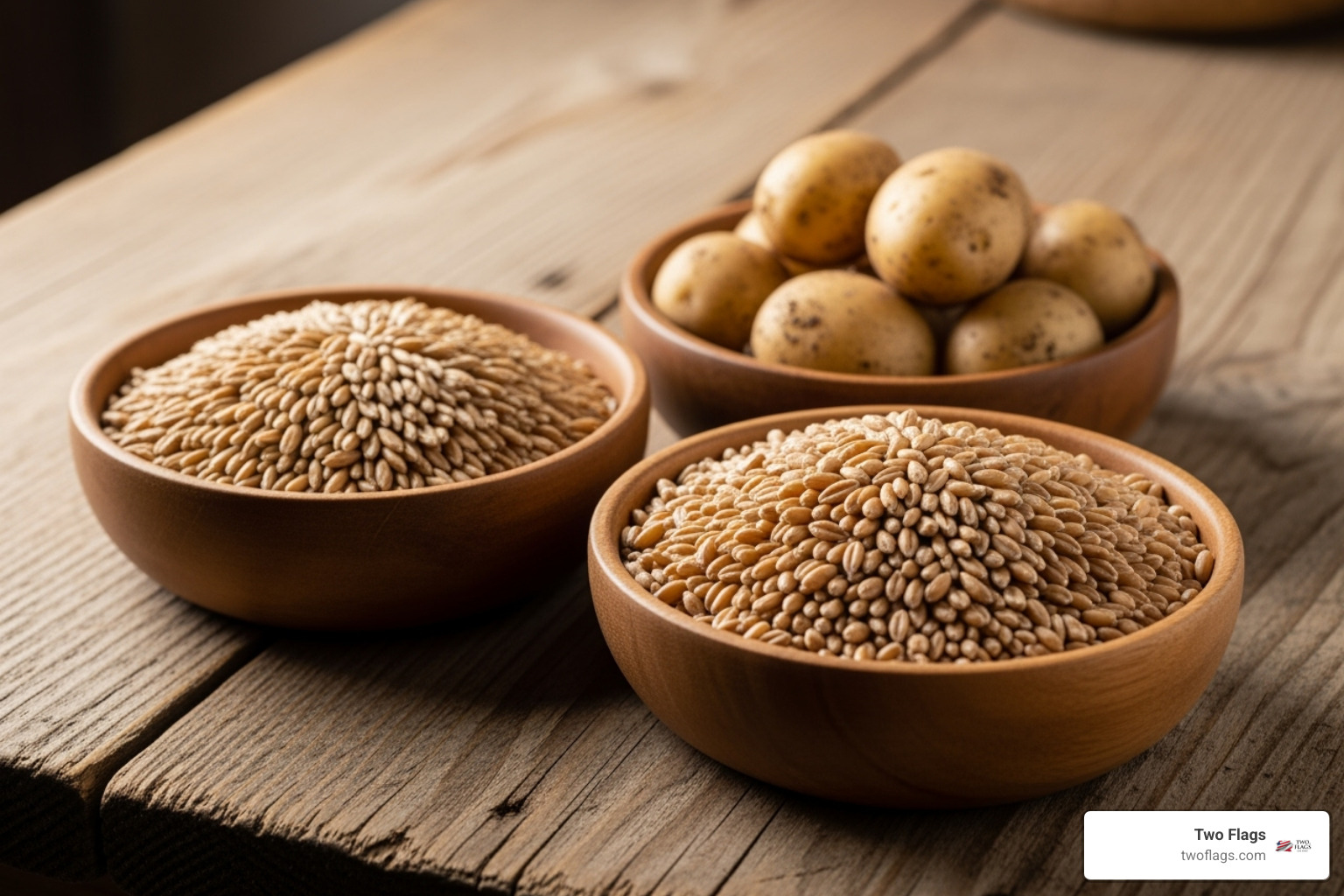 raw vodka ingredients: rye grains, potatoes, and spelt in separate bowls - polish vodka