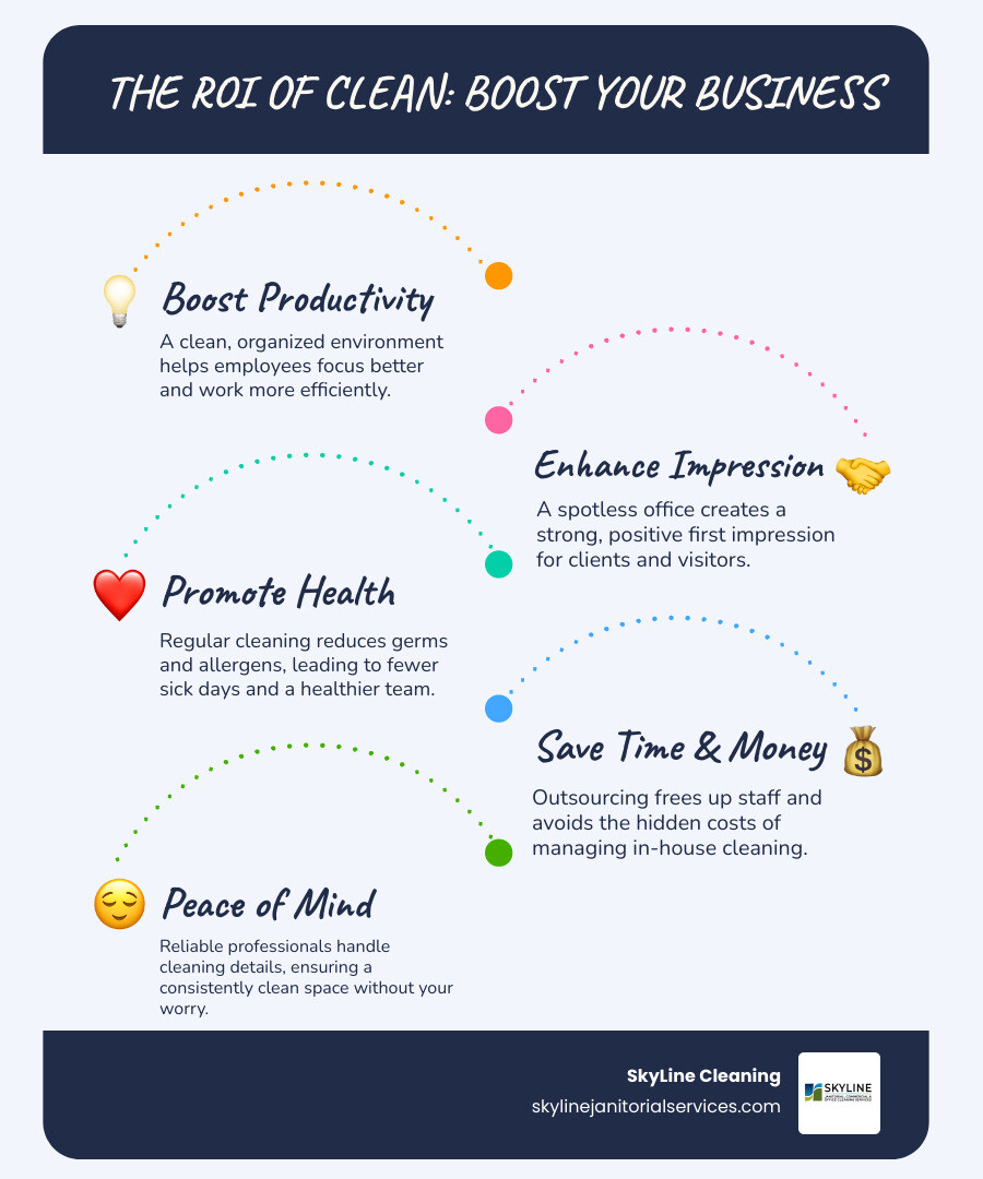 infographic explaining how a clean office boosts productivity and reduces sick days - small office cleaning services infographic infographic-line-5-steps-blues-accent_colors