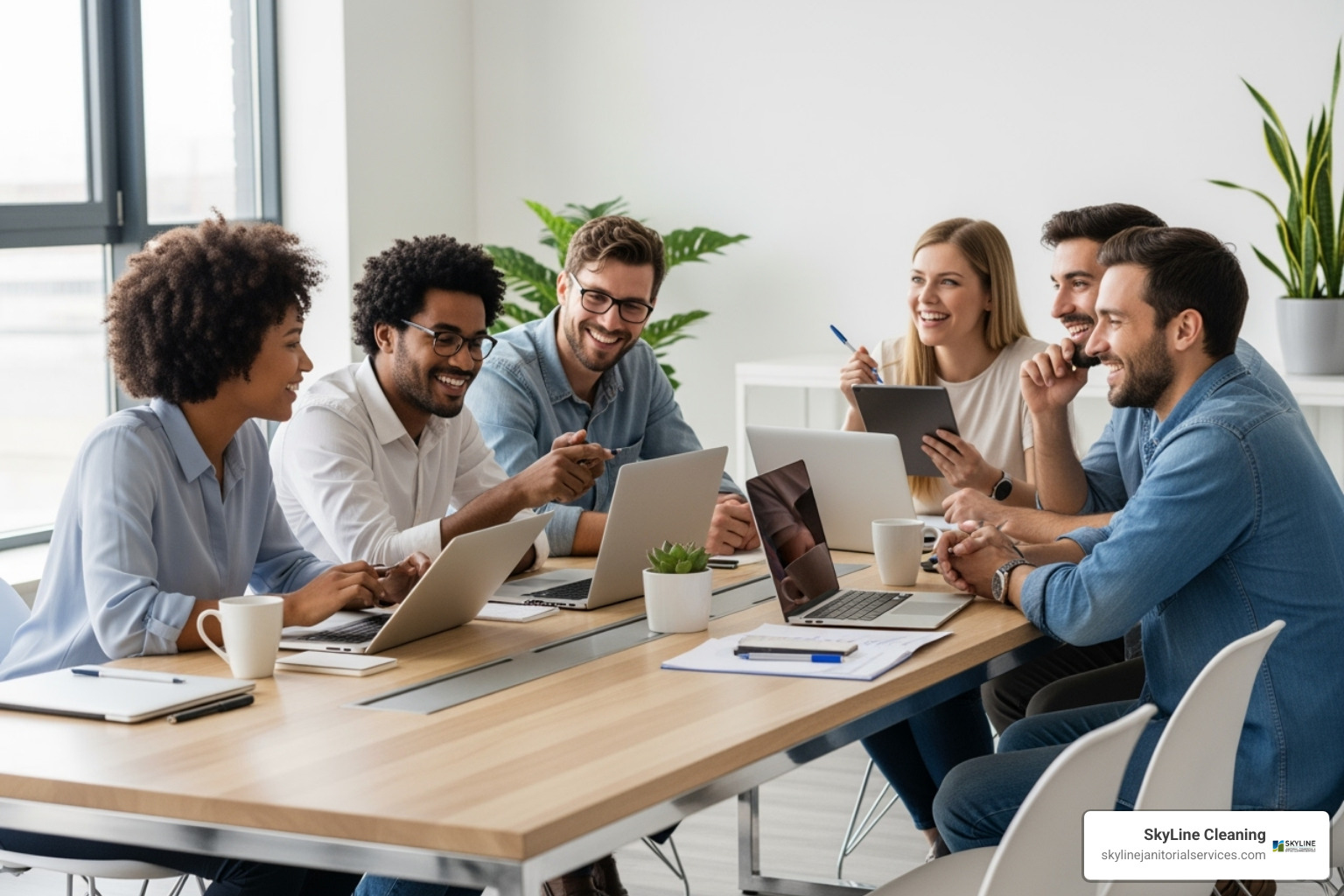 happy employees collaborating in a pristine office environment - small office cleaning services