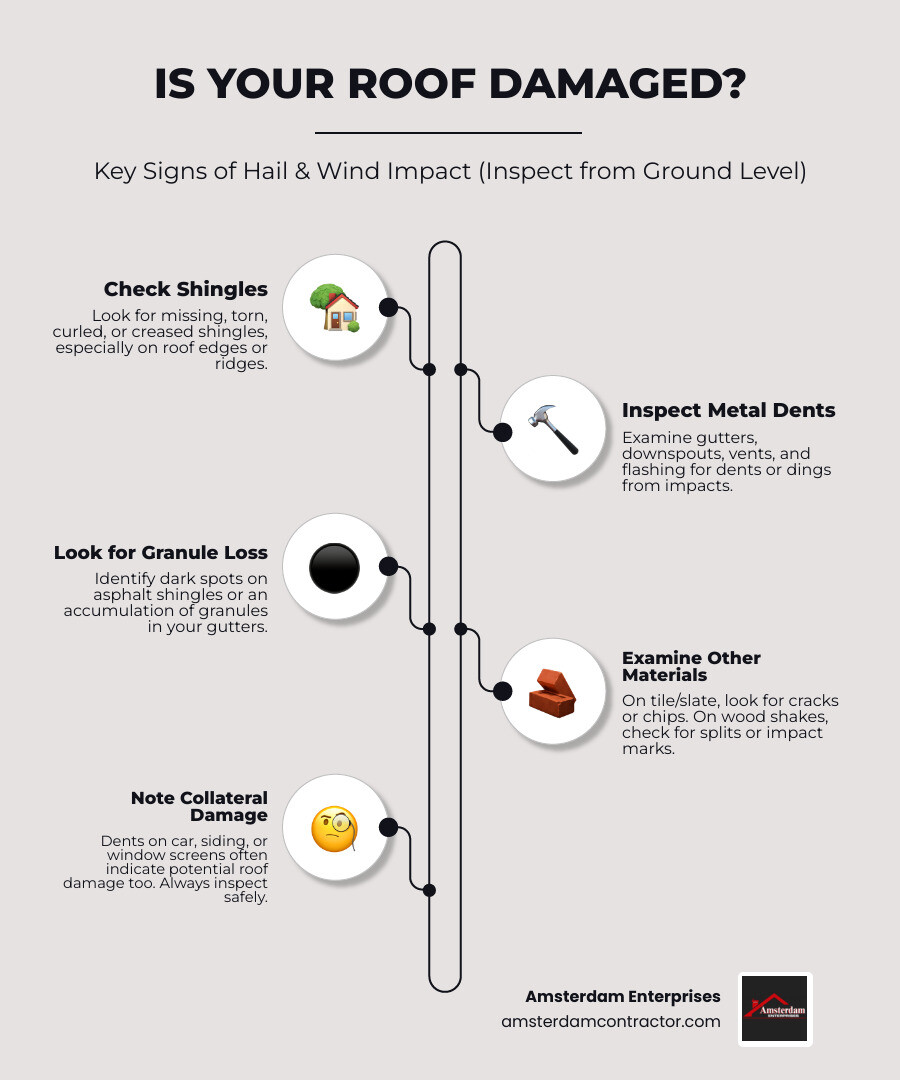 Infographic showing common signs of hail and wind damage on different roofing materials, with tips for safe ground-level inspection and indicators of collateral damage on property surroundings like gutters, cars, and siding. - hail and wind damage to roof infographic infographic-line-5-steps-neat_beige