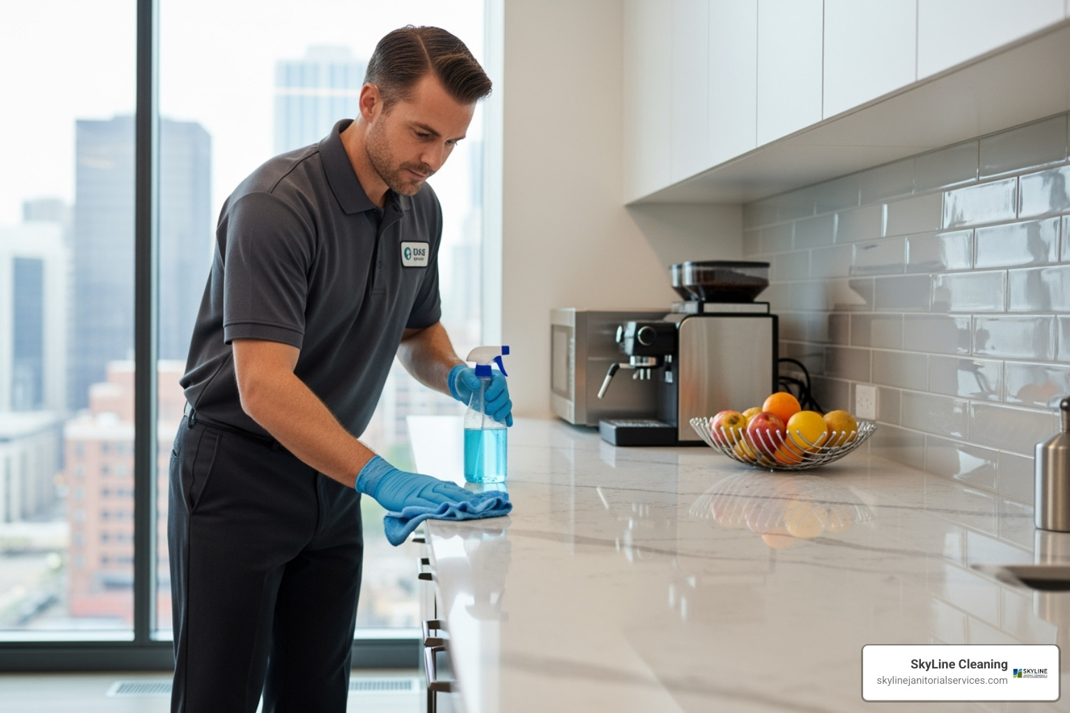 uniformed professional cleaning an office kitchen or breakroom - small office cleaning services