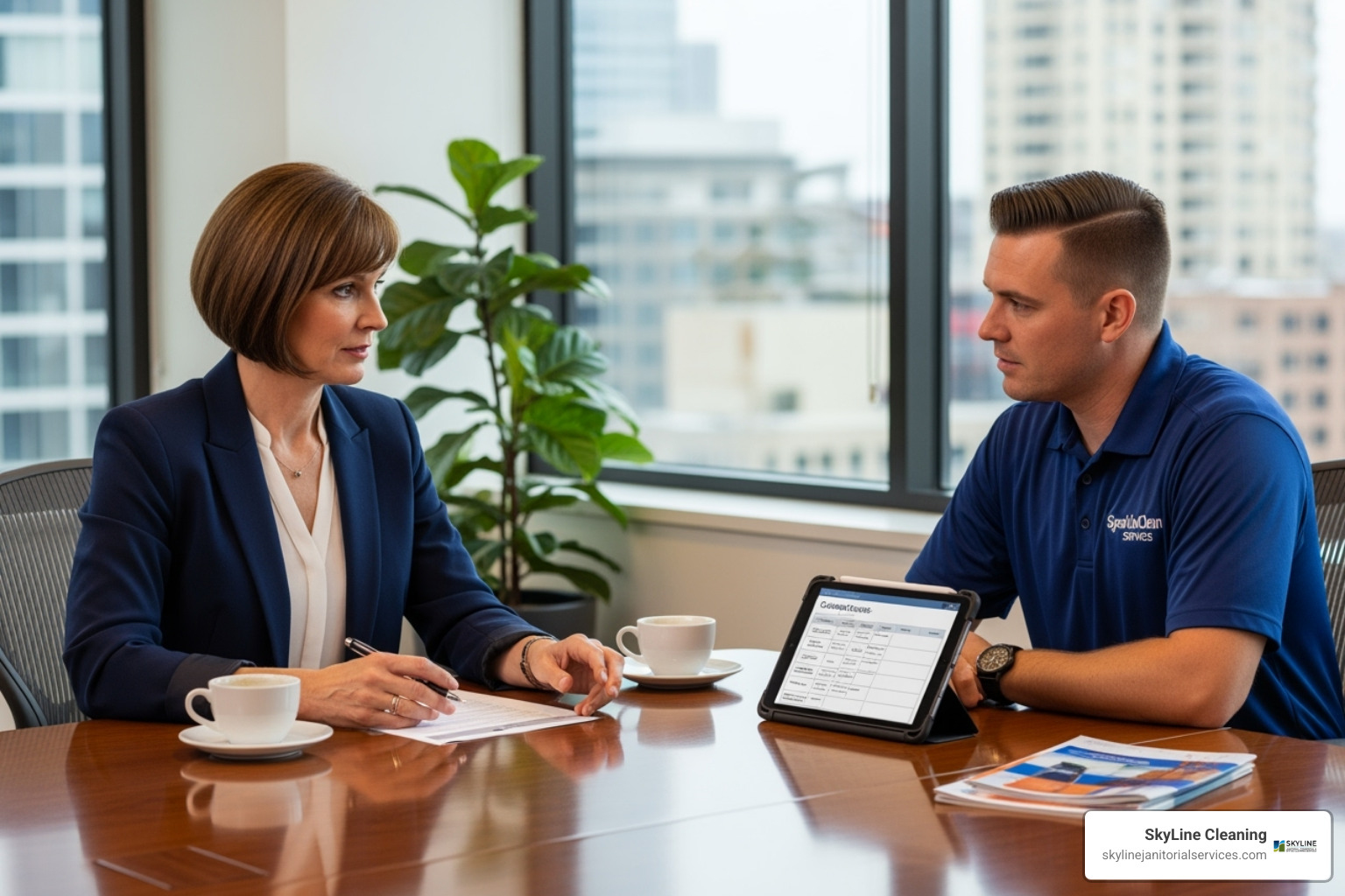consultation between a business owner and a cleaning service manager - small office cleaning services