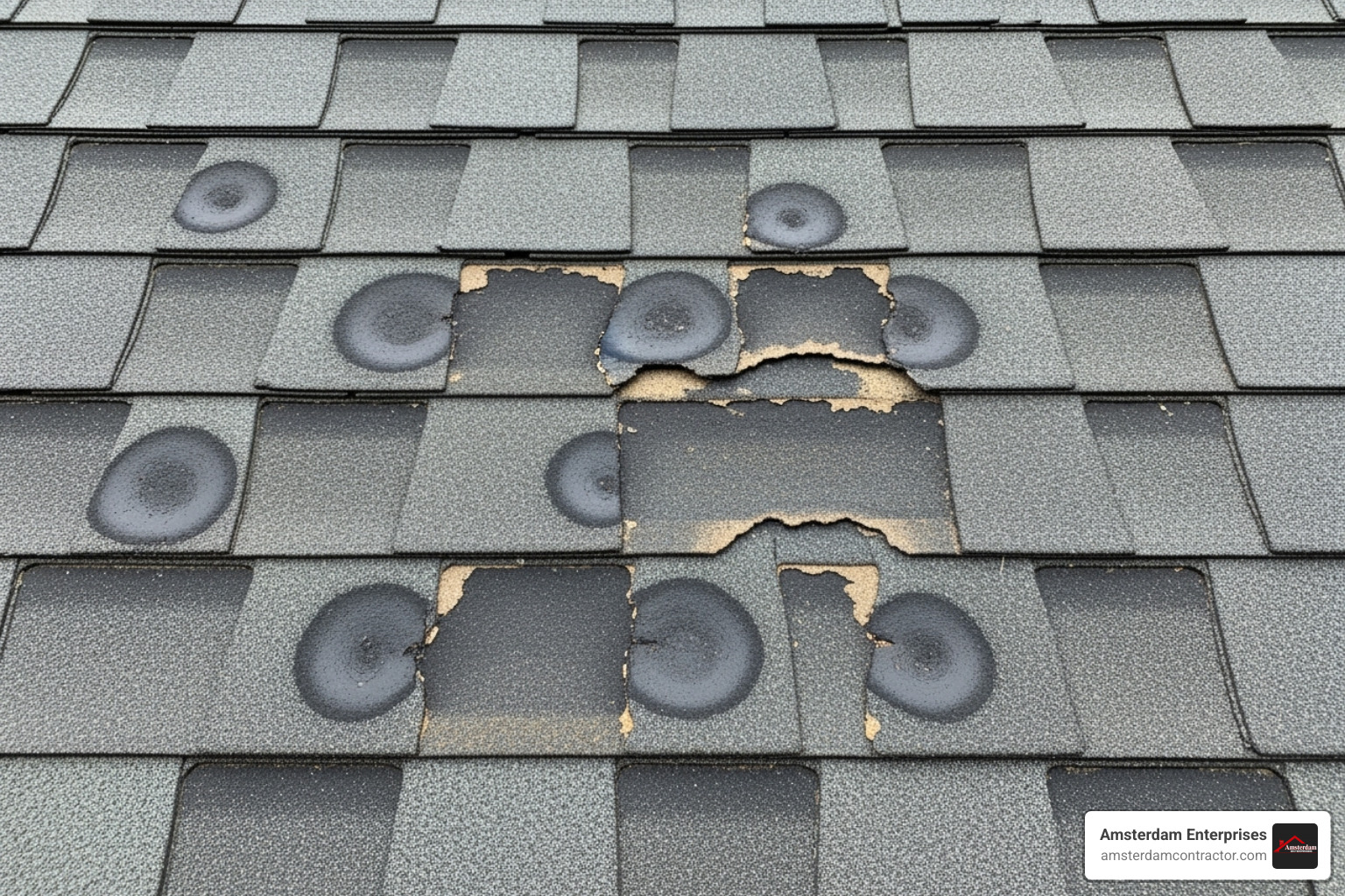 Hail-damaged asphalt shingles showing dark "bruises" and granule loss - hail and wind damage to roof