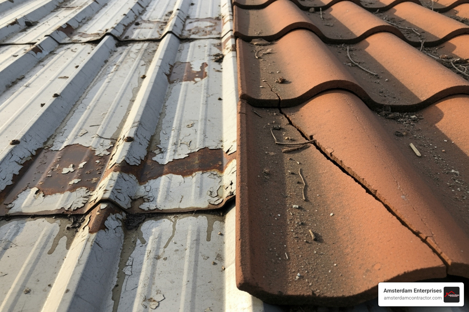 Dented metal roof panel next to a cracked roof tile - hail and wind damage to roof