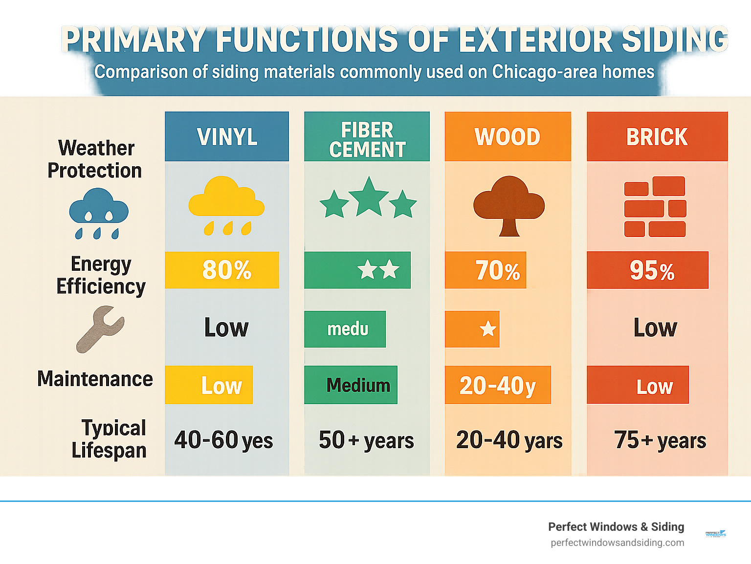 Comprehensive comparison chart showing primary functions of exterior siding including weather protection percentages, energy efficiency ratings, maintenance requirements, and typical lifespans for different siding materials commonly used in Chicago-area homes - exterior siding solutions infographic 