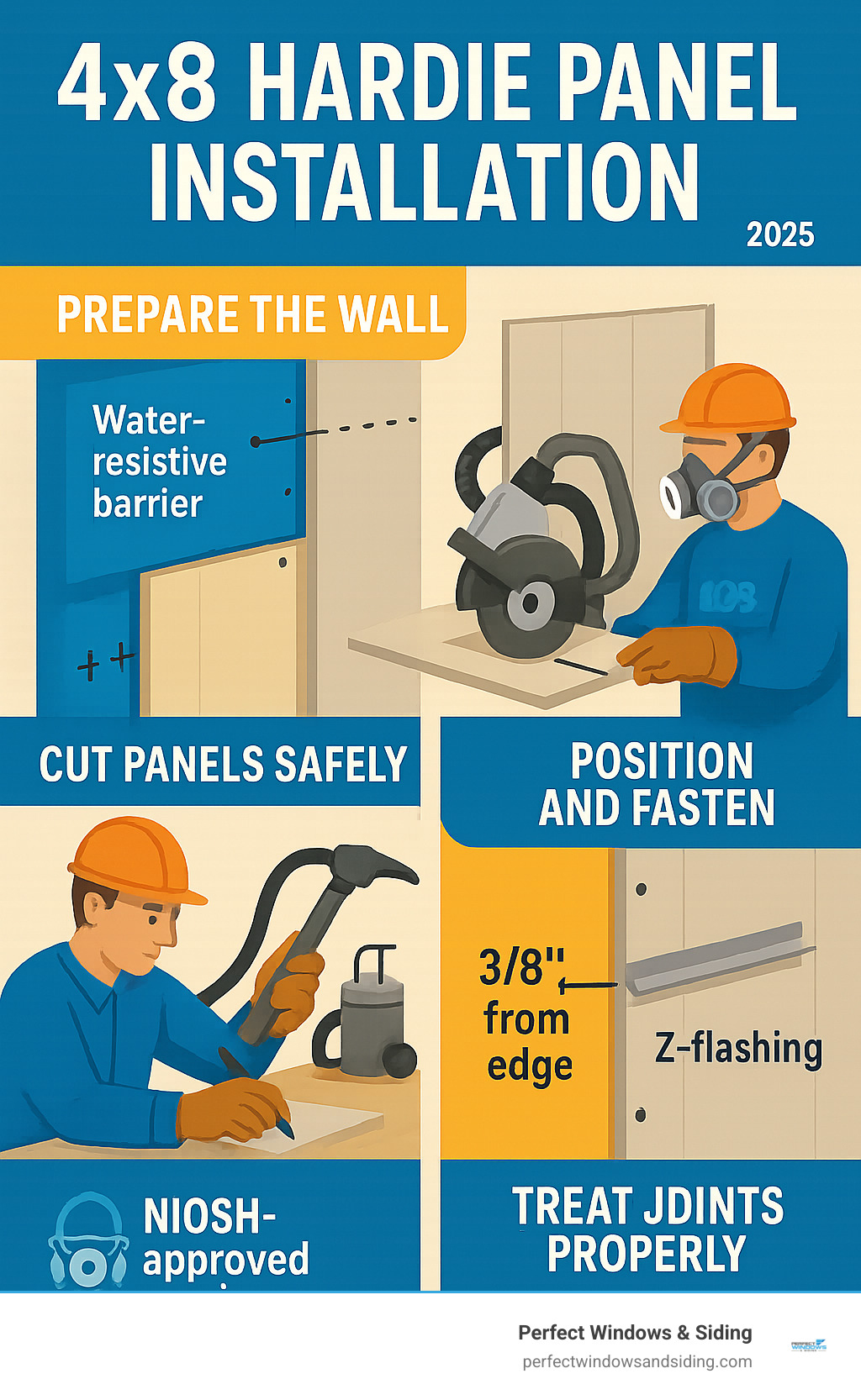 Comprehensive infographic showing 4x8 Hardie panel installation process including wall preparation with water-resistive barrier, proper fastener placement at 3/8 inches from edges, Z-flashing installation at horizontal joints, and safety equipment requirements including NIOSH-approved respirator and dust collection systems - 4x8 hardie panel installation infographic 