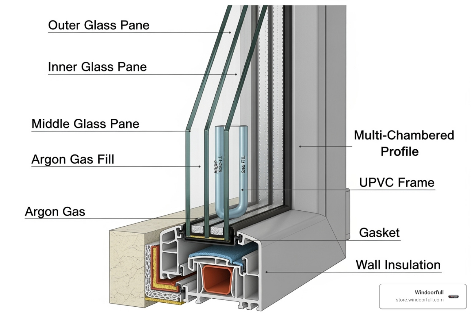 Cross-section of a triple-pane European window showing the layers of glass, gas fills, and frame components for improved insulation - european windows
