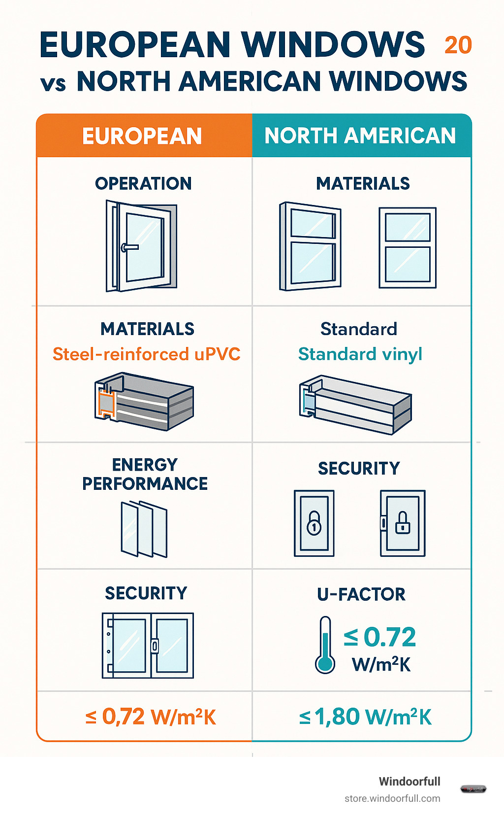 Comprehensive comparison infographic showing European windows vs North American windows, highlighting differences in operation mechanisms (tilt-and-turn vs double-hung), construction materials (steel-reinforced uPVC vs standard vinyl), energy performance (triple-pane vs double-pane glazing), security features (multi-point vs single-point locking), and typical U-values for thermal efficiency - european windows infographic 