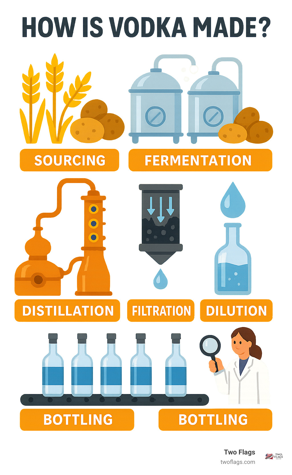 Step-by-step vodka production process showing sourcing of wheat and potatoes, fermentation tanks with yeast conversion, copper distillation columns, charcoal filtration systems, water dilution process, and final bottling line with quality control measures - How is vodka made? infographic 