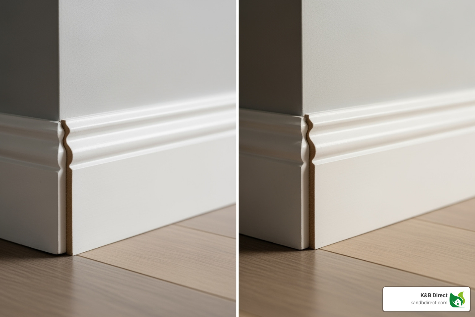 before and after of a plain baseboard vs. one with a base cap - baseboard cap profiles