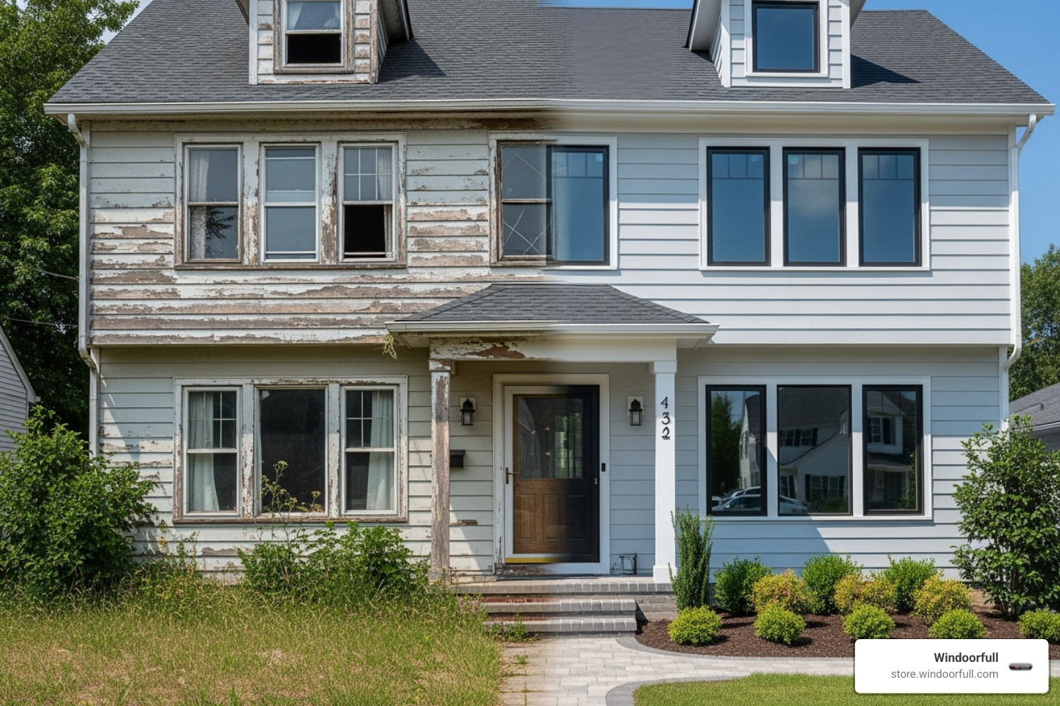 Image of a home's exterior before and after a window upgrade - Home window upgrade