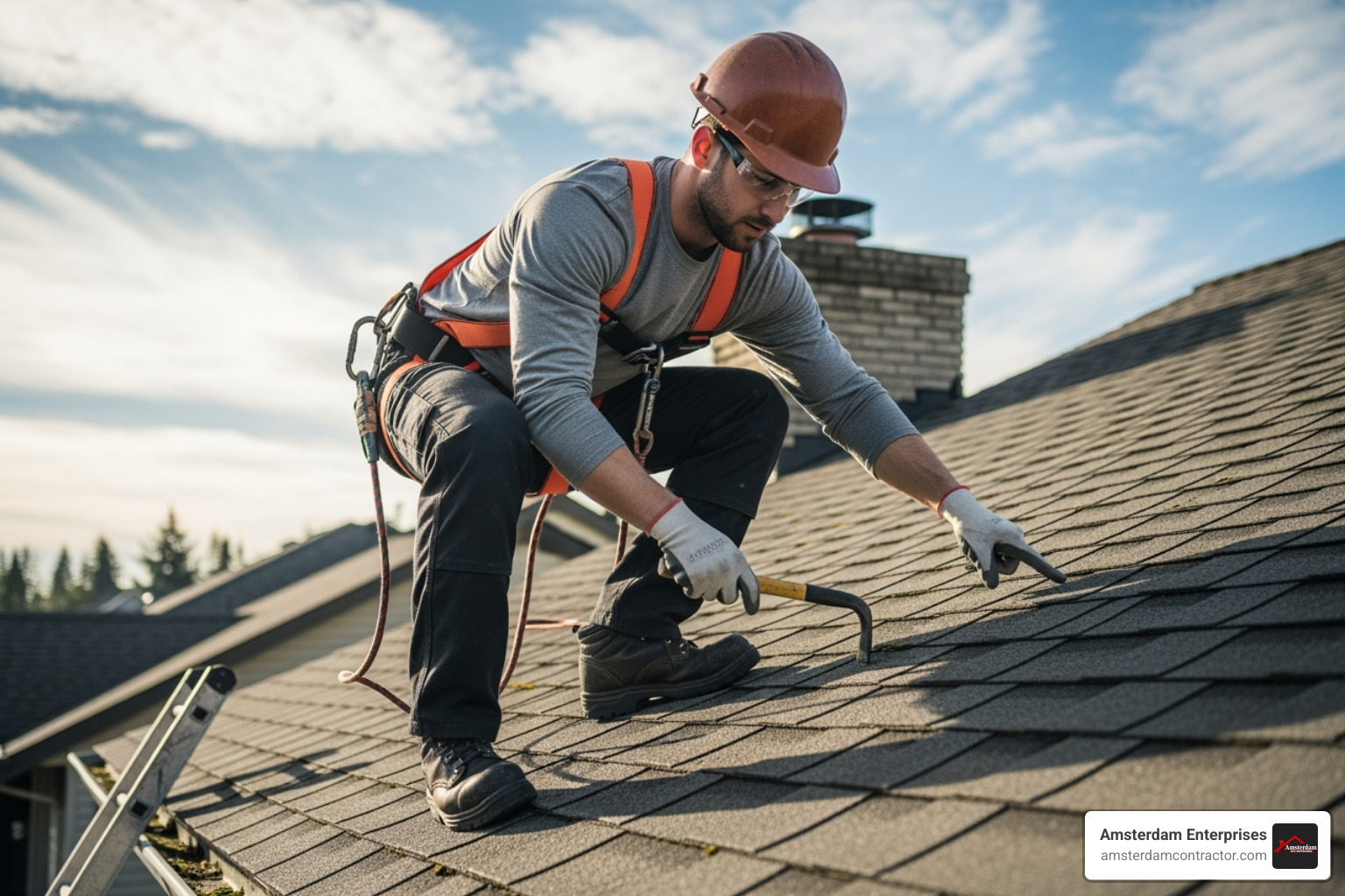 Professional roofer inspecting a roof safely - hail and wind damage to roof