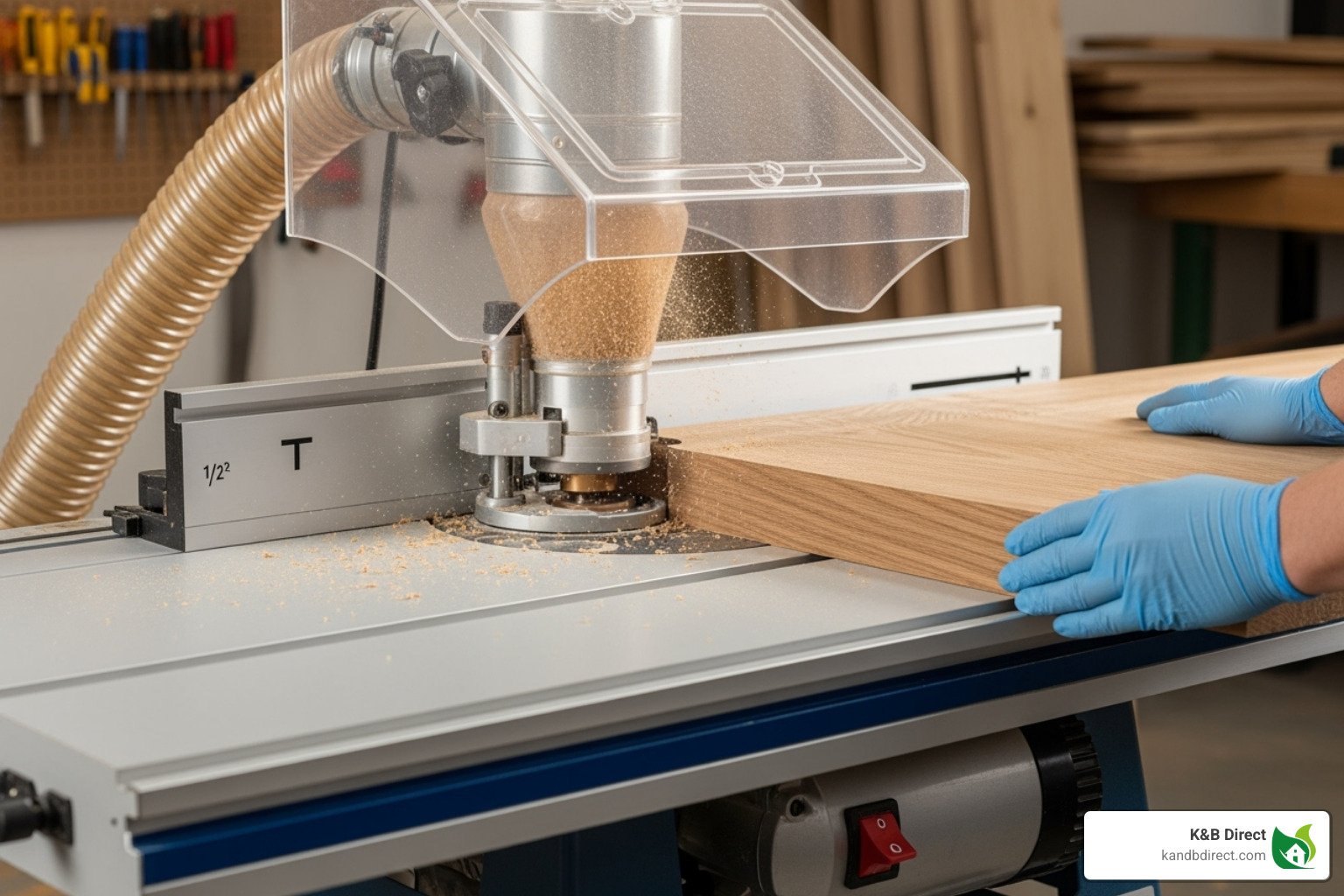 Router table setup with wood being fed - base cap molding router bit