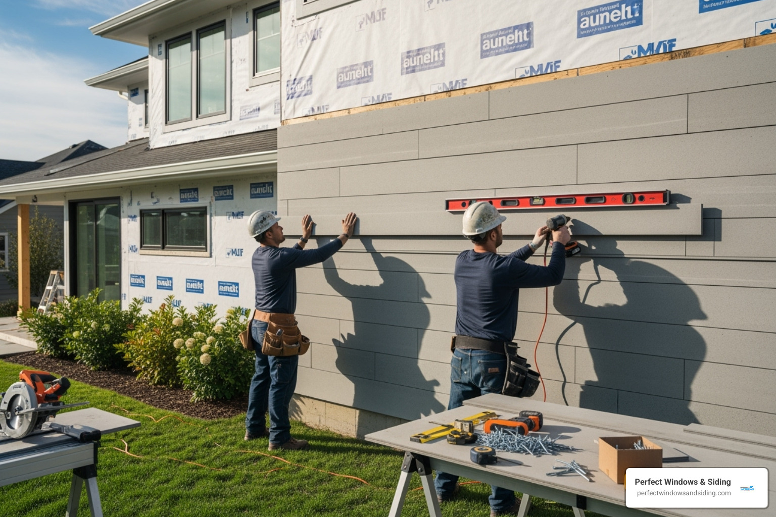 professional installers fitting a cement board plank on a house wall - cement board siding