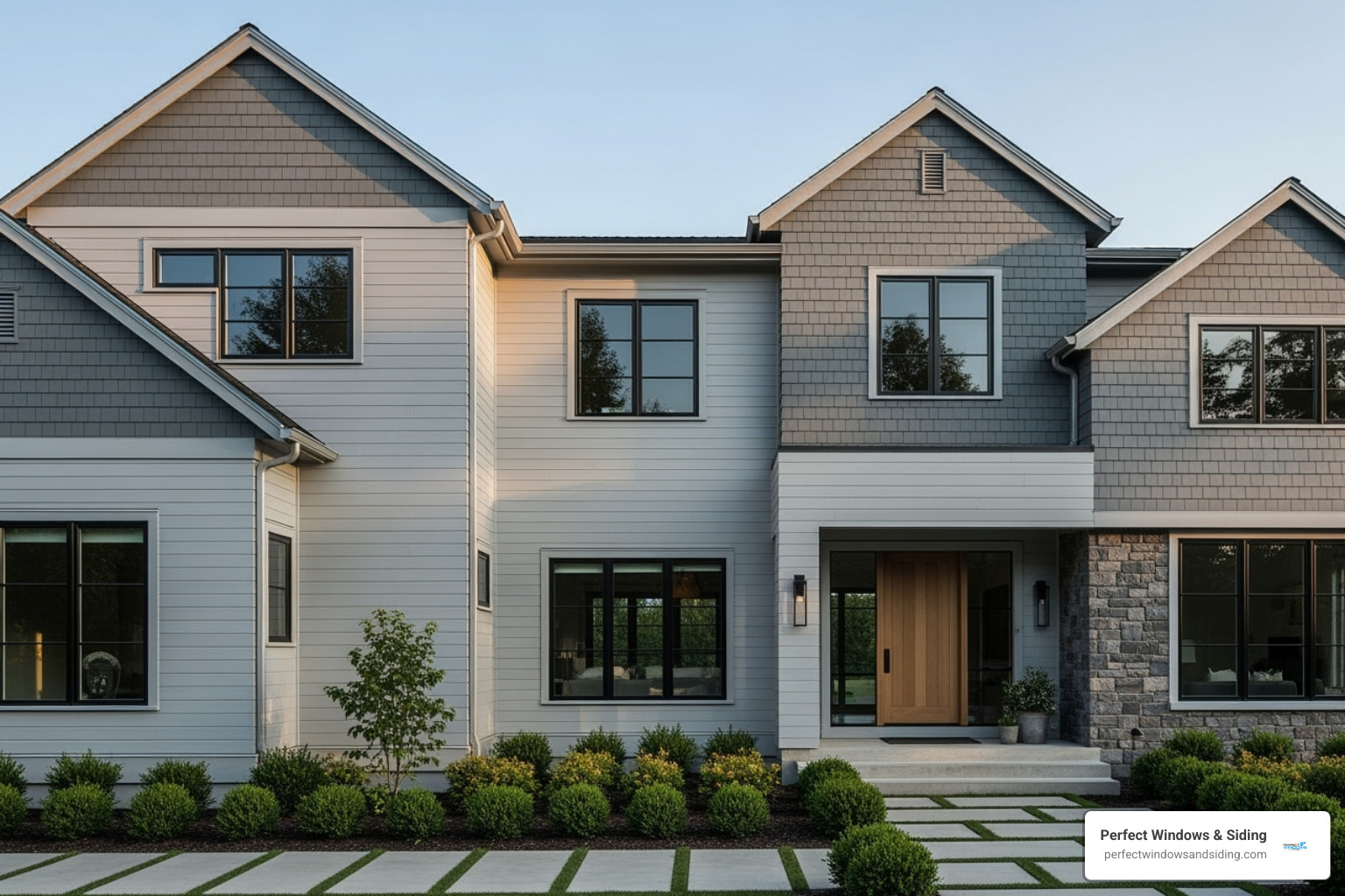 home with a mix of cement board plank and shingle siding to showcase versatility - cement board siding