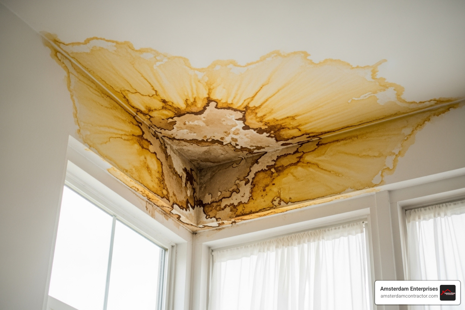 water stains on a ceiling near a window - roof repair arlington heights