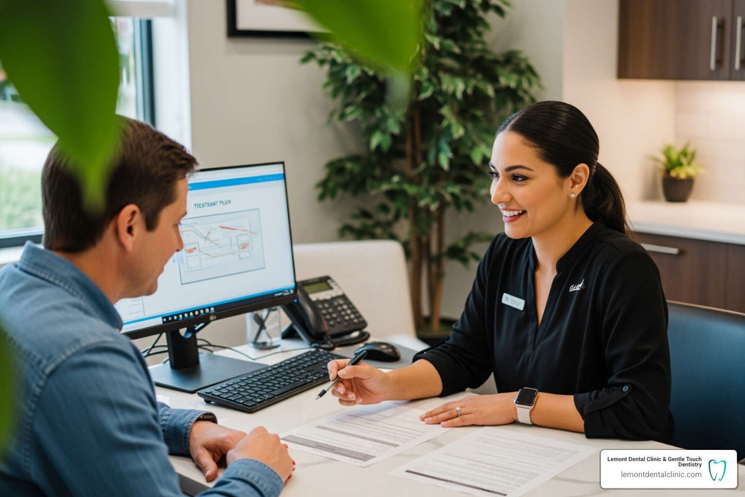 patient discussing a treatment plan with a dental office coordinator - teeth implants price