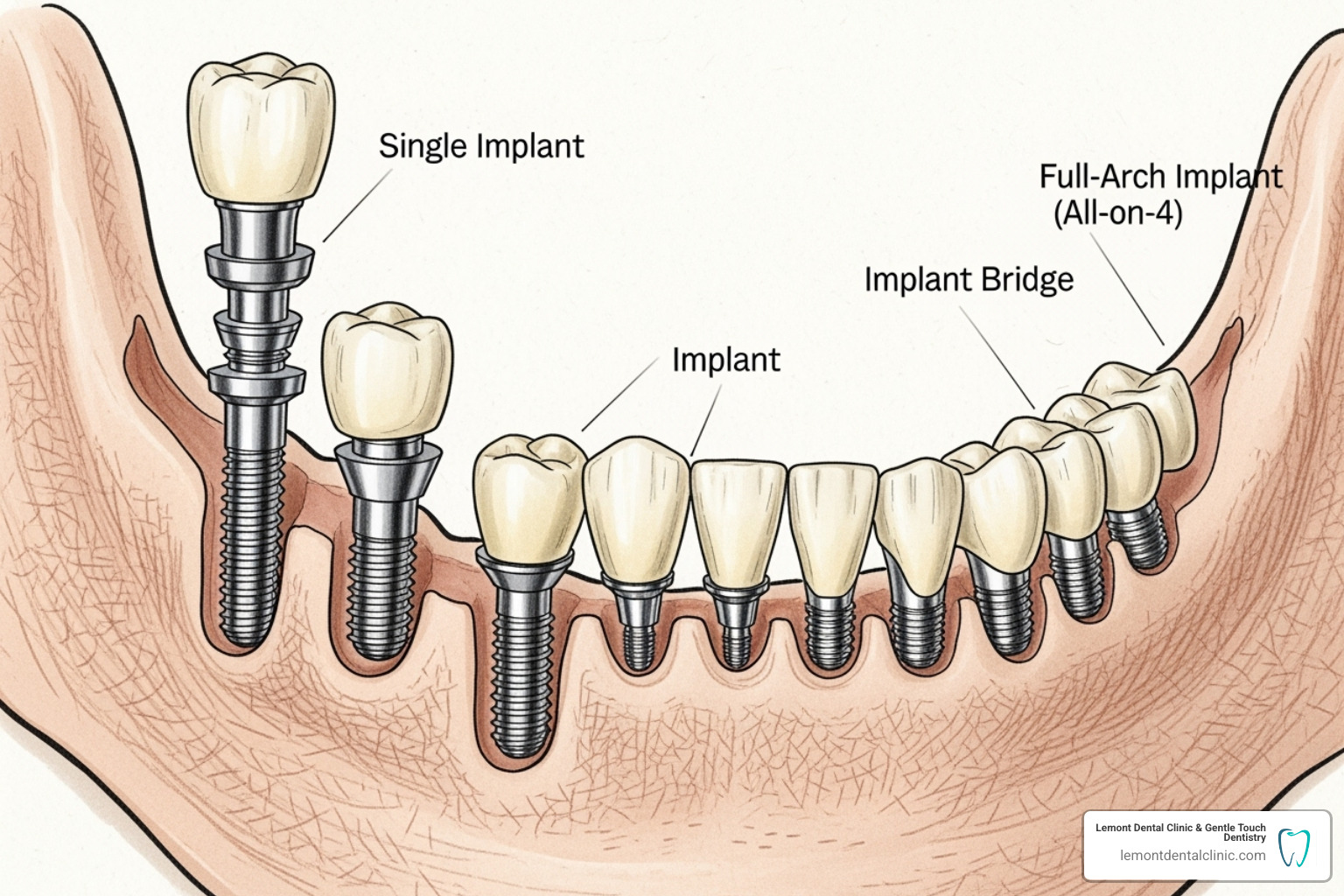 illustrating the difference between a single implant, an implant-supported bridge, and full-arch implants - teeth implants price