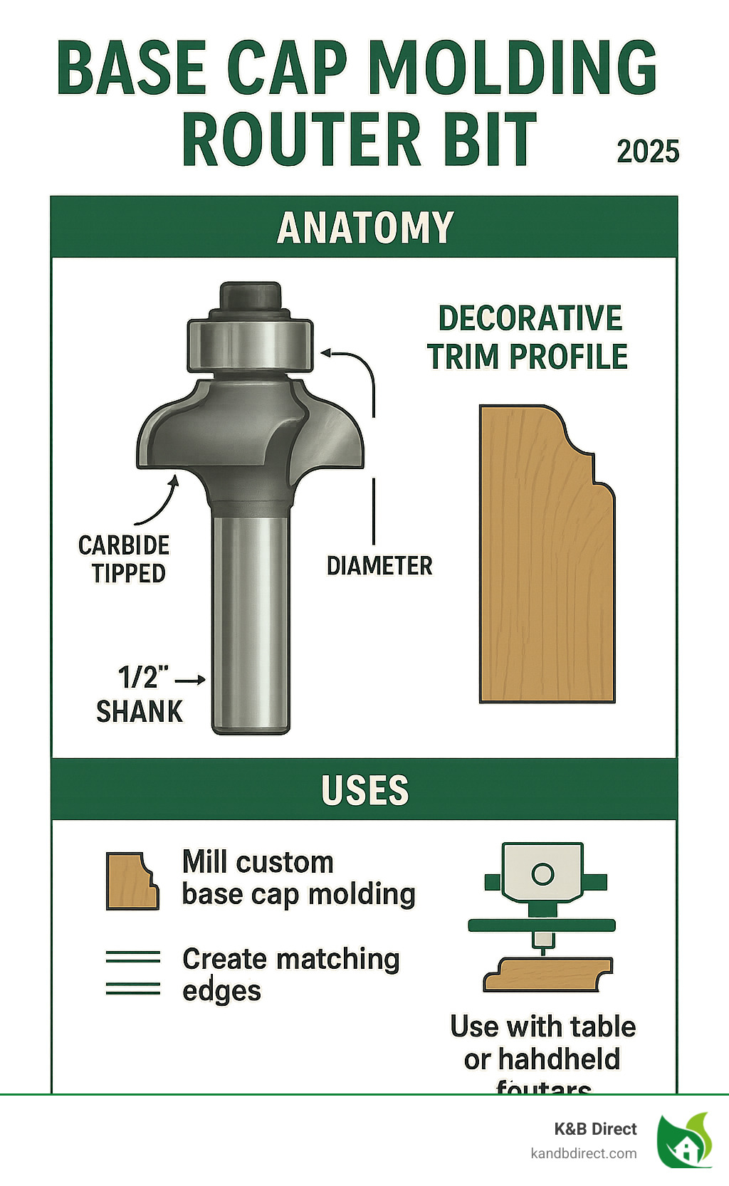 Infographic detailing the anatomy and uses of a base cap molding router bit for creating decorative trim - base cap molding router bit infographic 