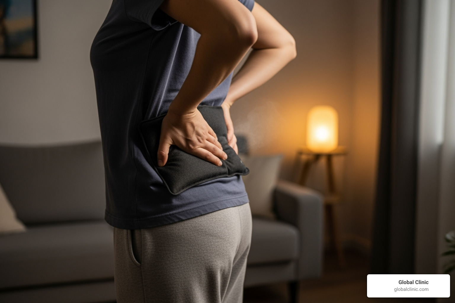 Image of a person applying a heat pack to their lower back - back spasm treatment