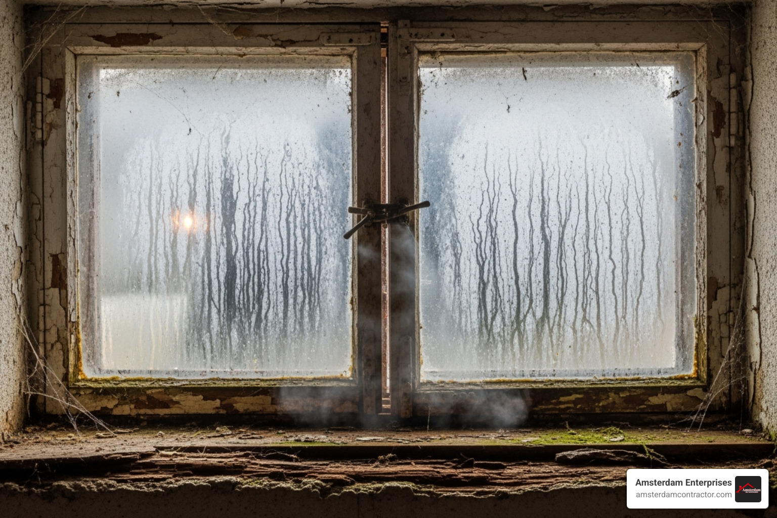 A drafty, old basement window with condensation - install new basement windows