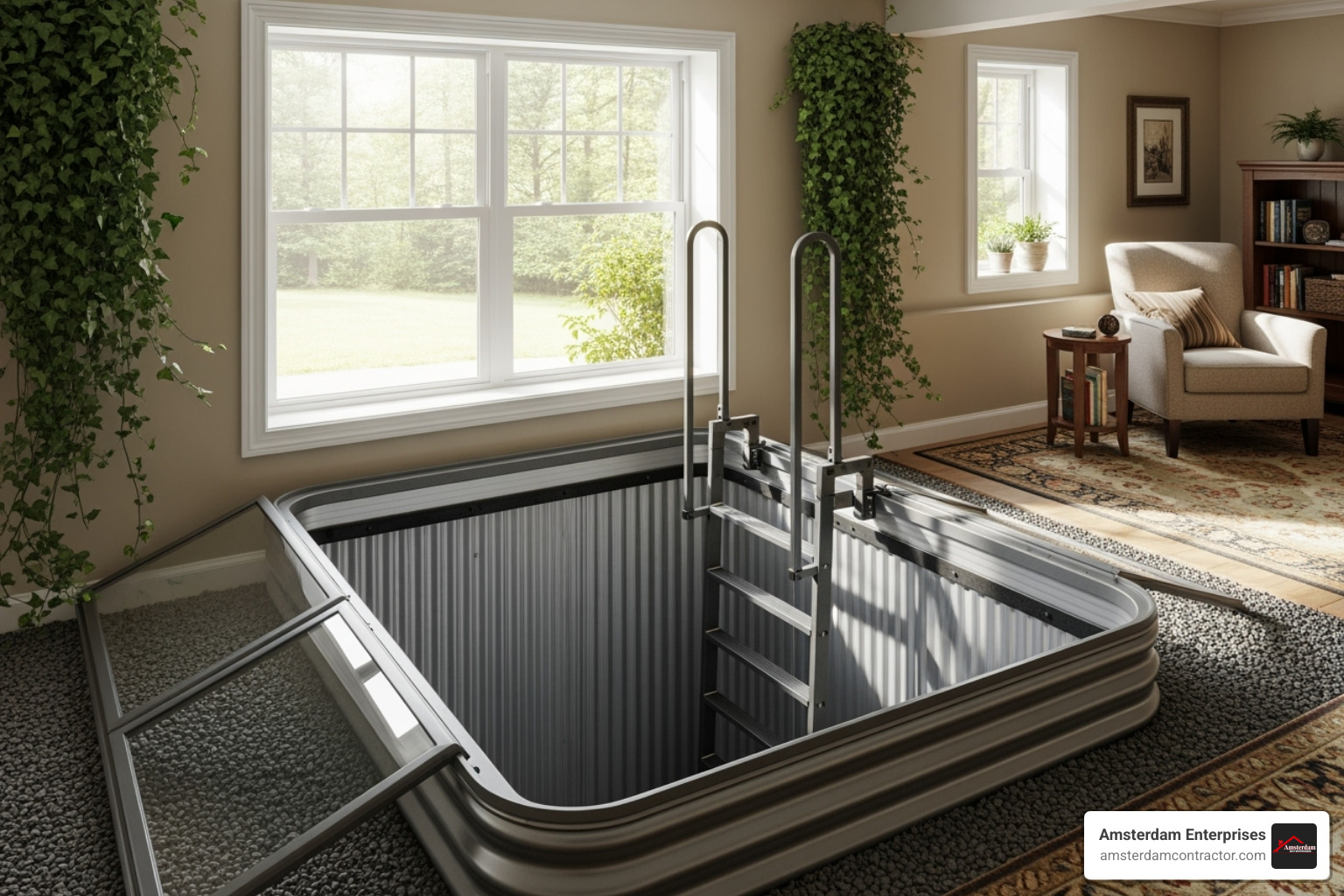 A large, compliant egress window with a window well and ladder - install new basement windows