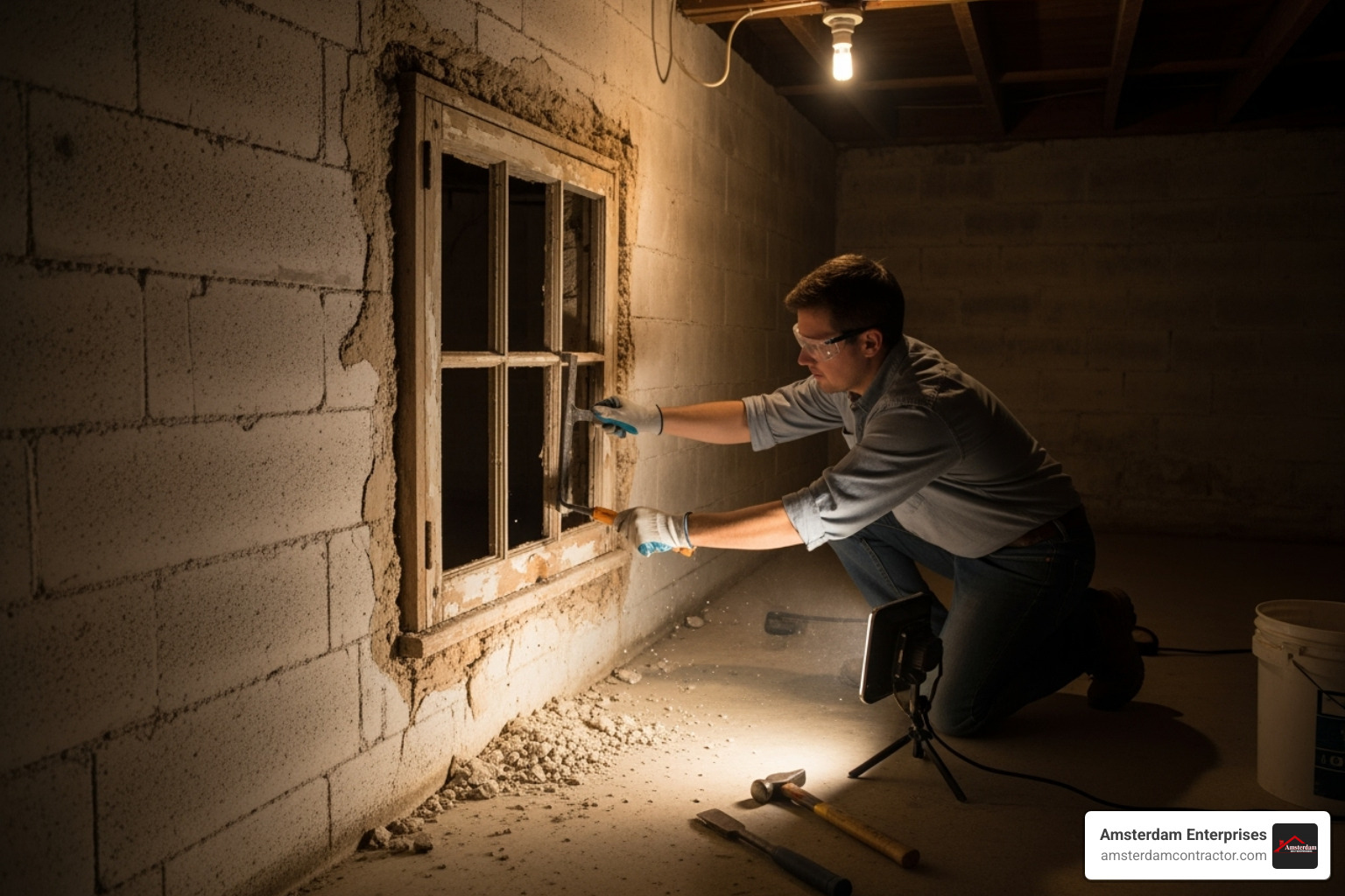 A DIYer carefully removing an old basement window frame from a concrete wall - install new basement windows