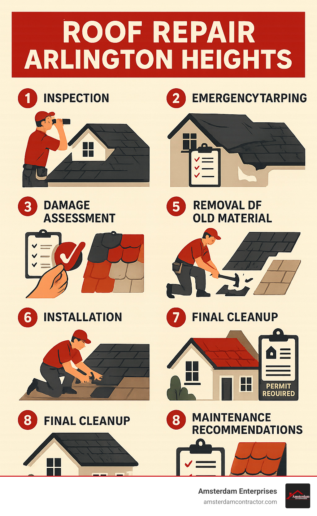 Comprehensive infographic showing Arlington Heights roof repair process from initial inspection through final cleanup, including emergency tarping, damage assessment, material selection, installation steps, and post-repair maintenance recommendations with local permit requirements - roof repair arlington heights infographic 