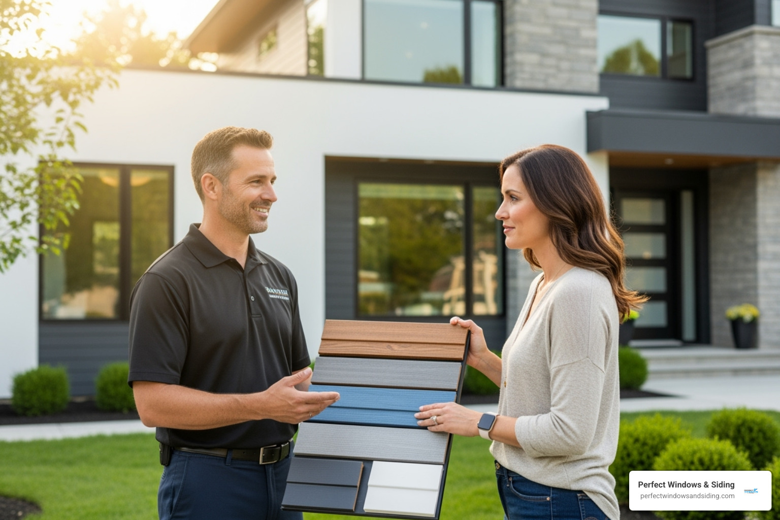 A friendly contractor discussing siding options with a homeowner in front of a modern house, pointing to samples - exterior siding
