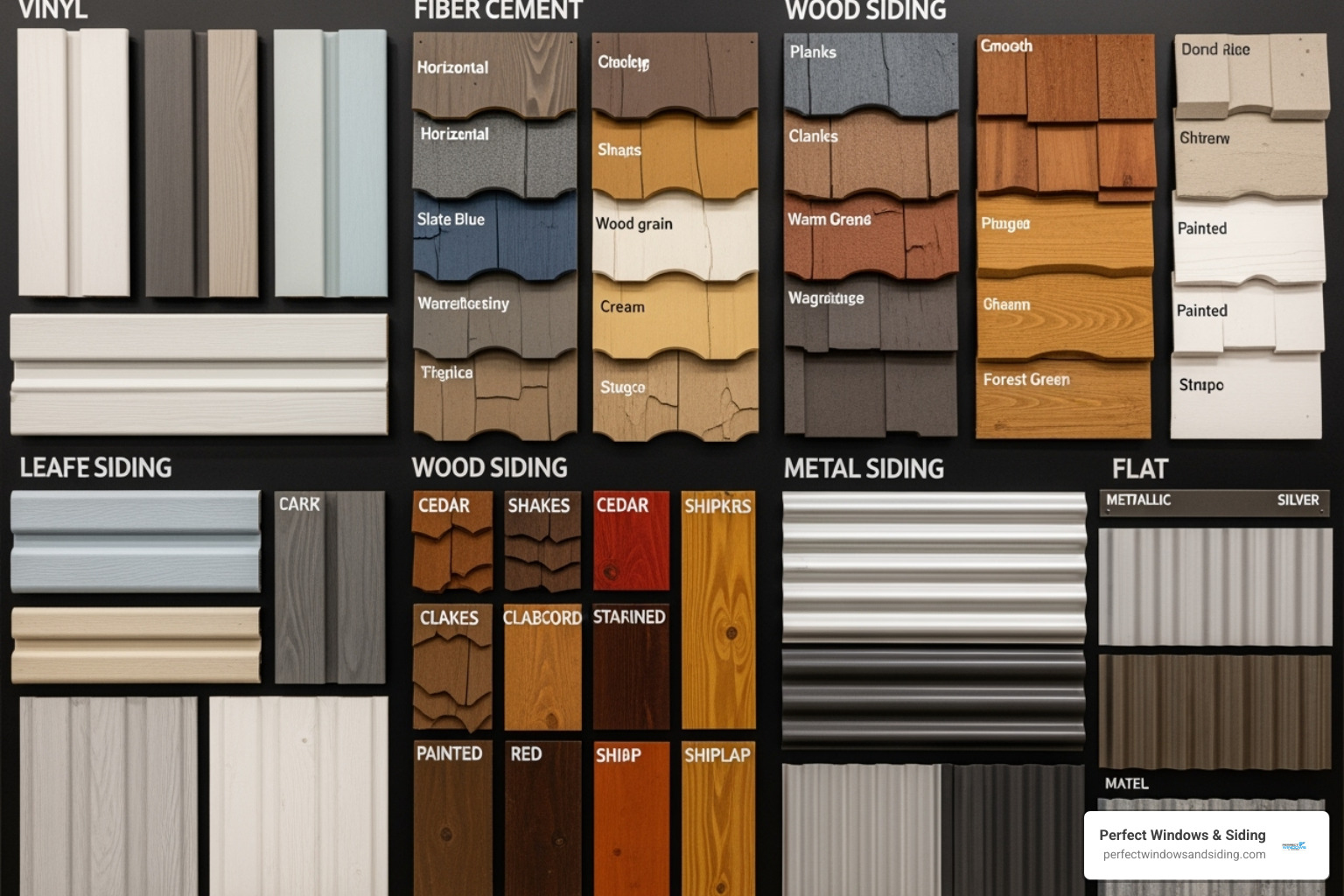 A display of various exterior siding material samples including vinyl, fiber cement, wood, and metal, showing different textures and colors - exterior siding